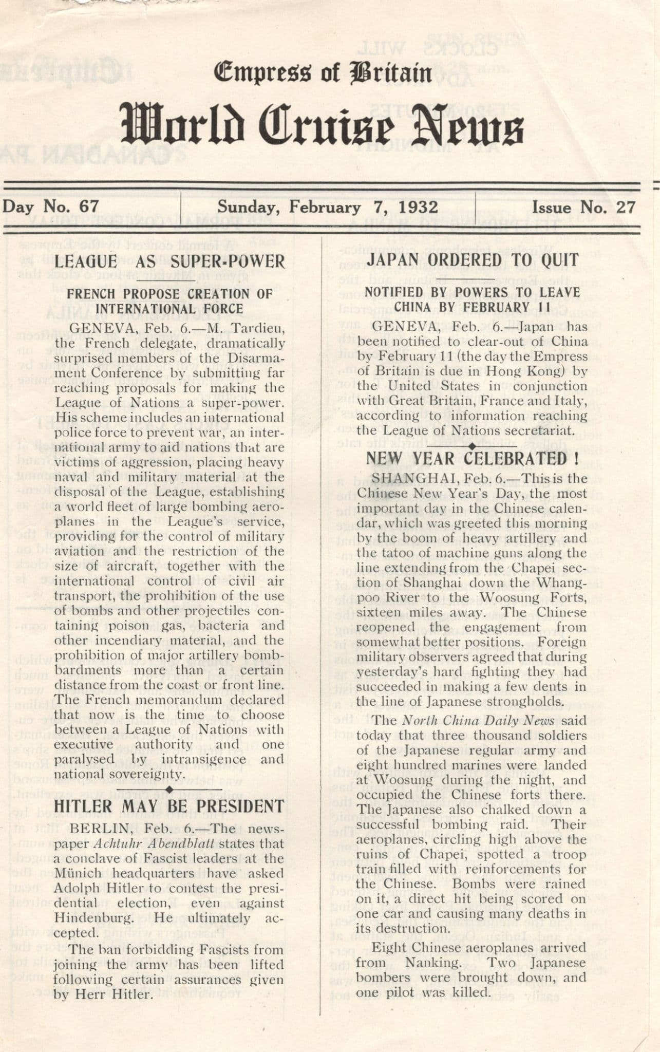 Empress Of Britain Ship 7th February 1932 Old News Guide Adolf Hitler
