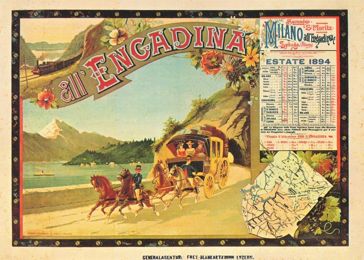 Engadina Milano Italy St Moritz Switzerland 1894 Train Timetable Postcard