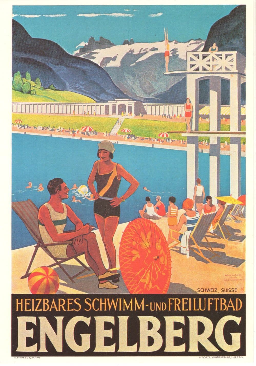 Engelberg Heizbares 1933 Schwimm Swimming Pool Swiss Poster Postcard