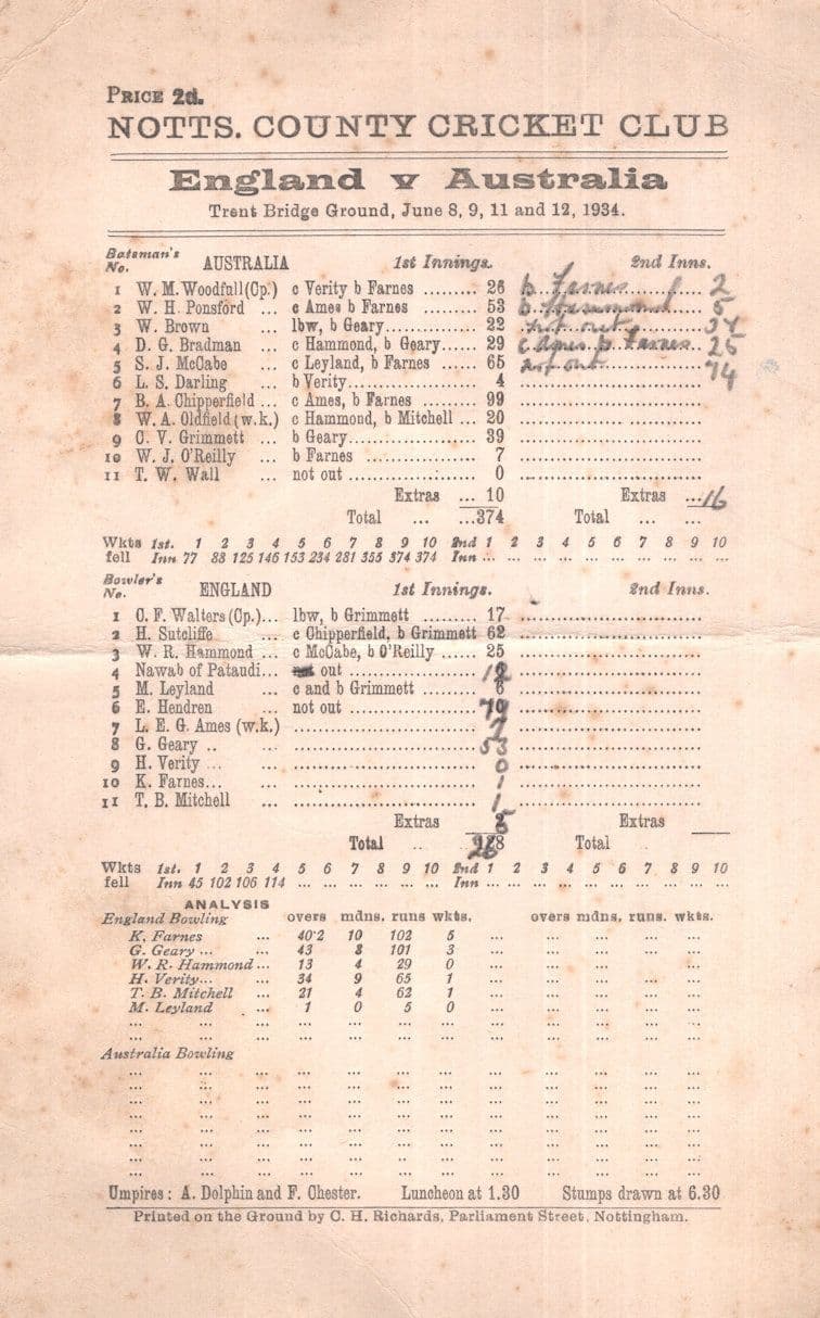 England Vs Australia Antique 1934 Ashes Cricket Score Card