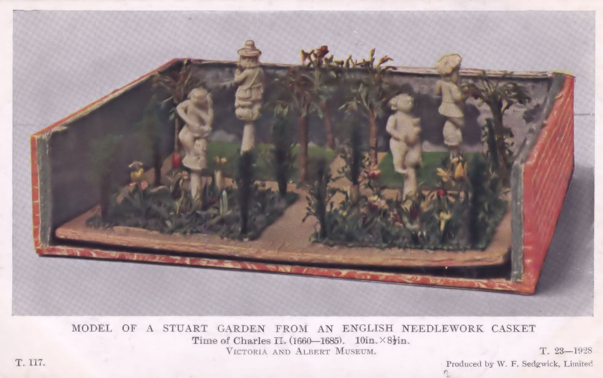 English Needlework Casket Stuart Garden Charles II Model Old Postcard