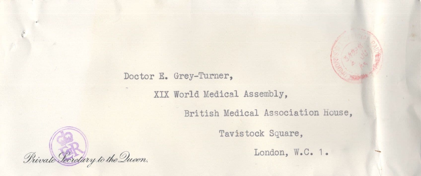 Envelope From Queen Elizabeth II To British Medical Association WW2 Doctor