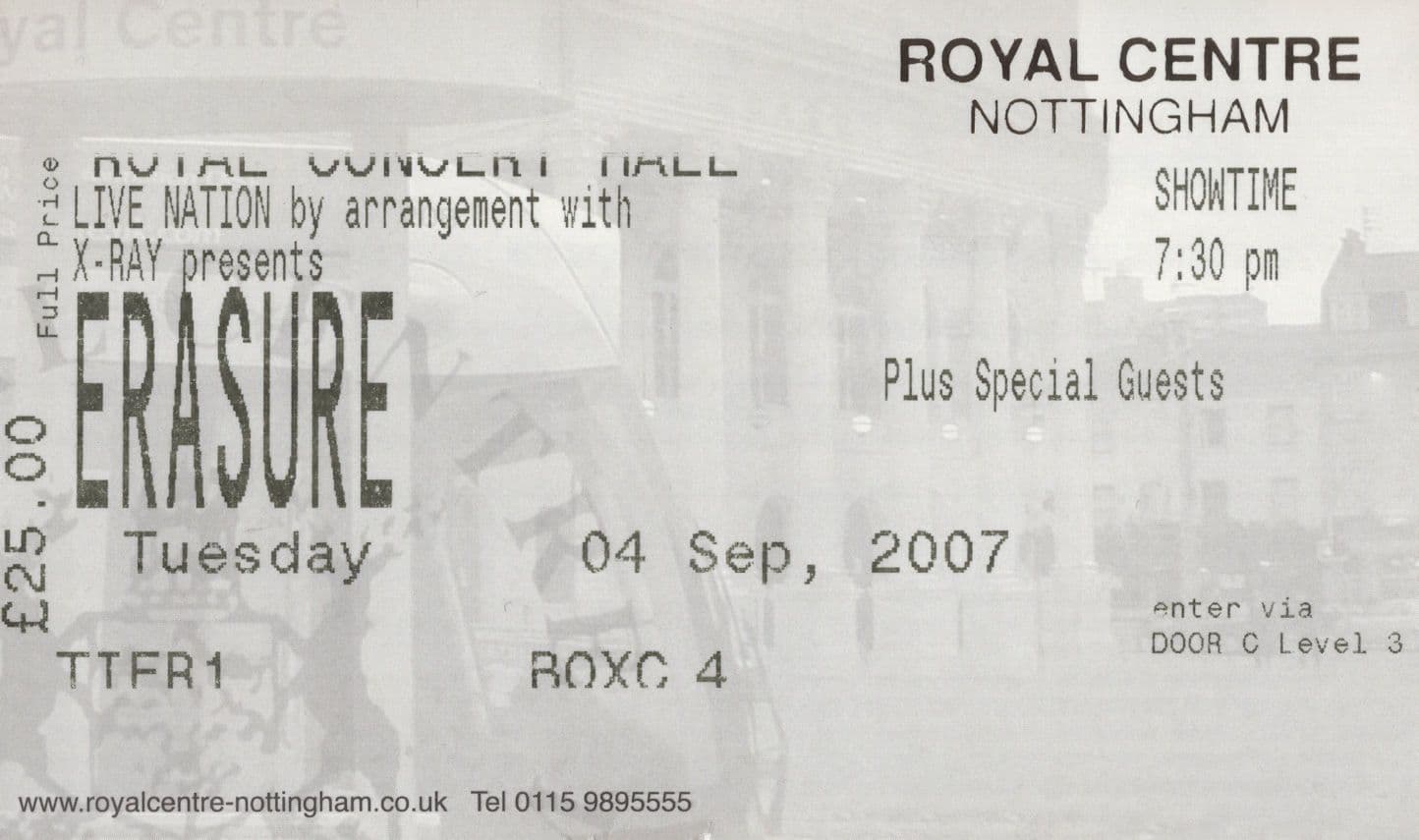 Erasure 2007 Nottingham Live Concert Ticket