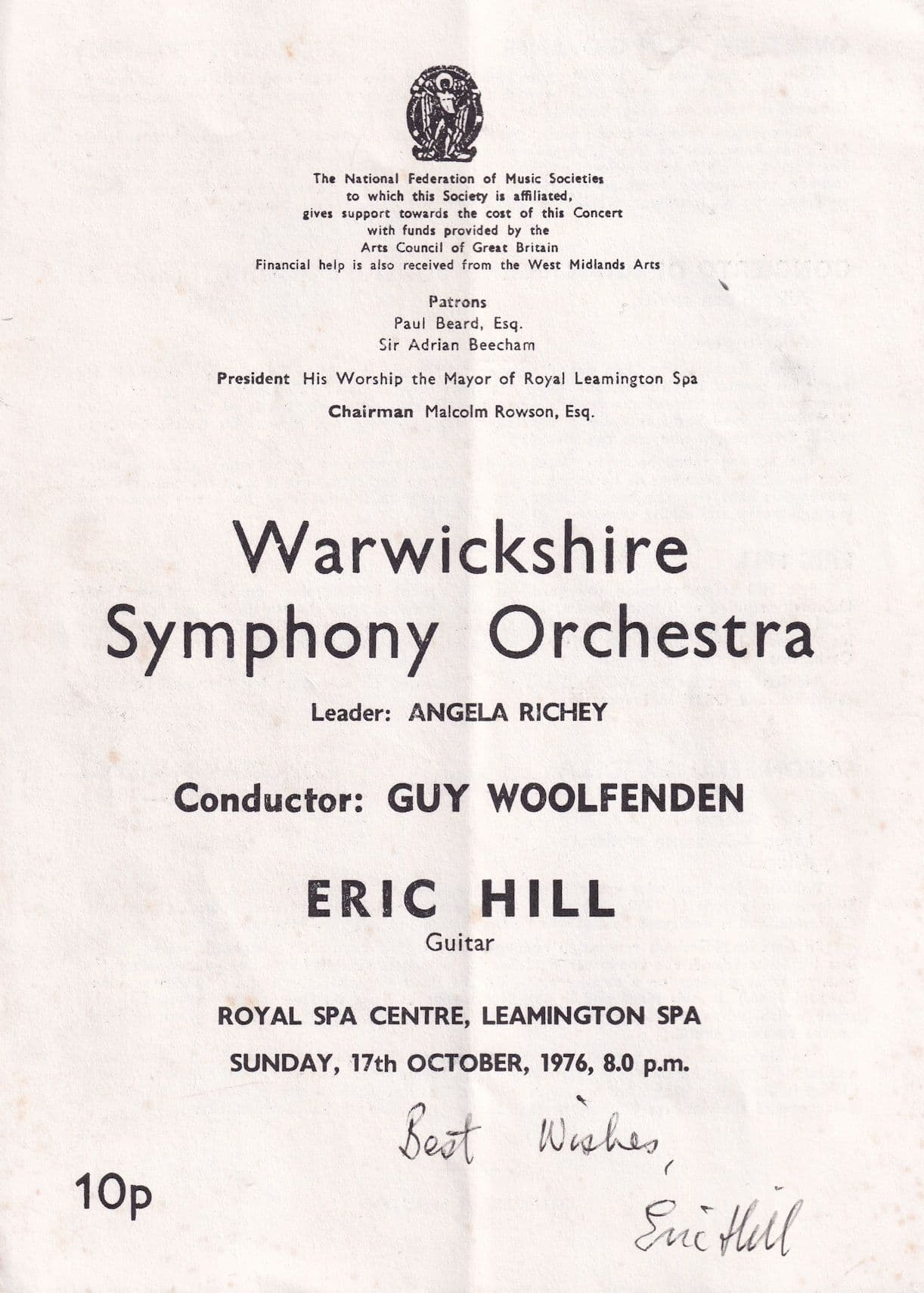 Eric Hill Classical Jazz Guitar Hand Signed 1970s Concert Programme