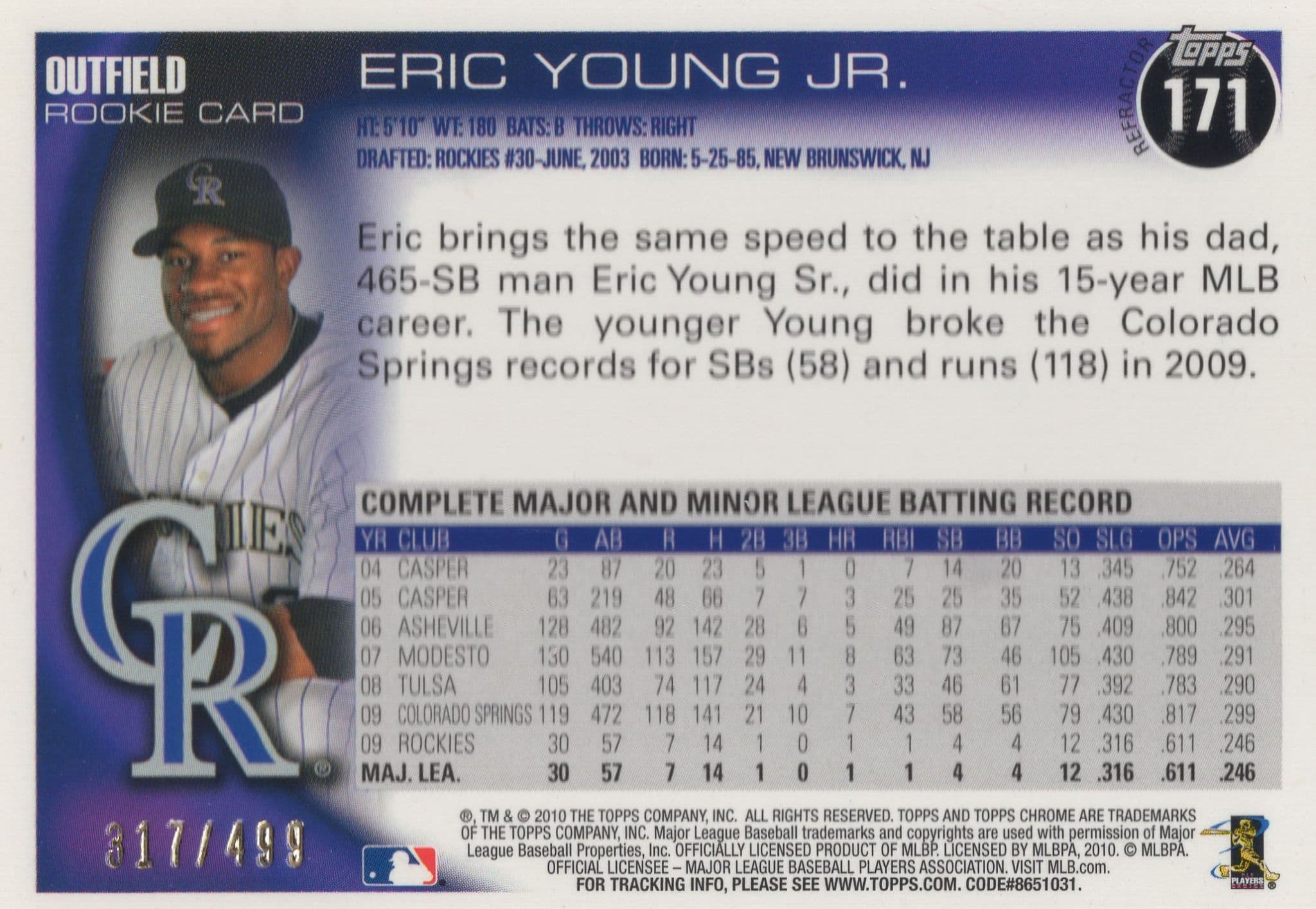 Eric Young Colorado Rockies Hand Signed Baseball Trading Card