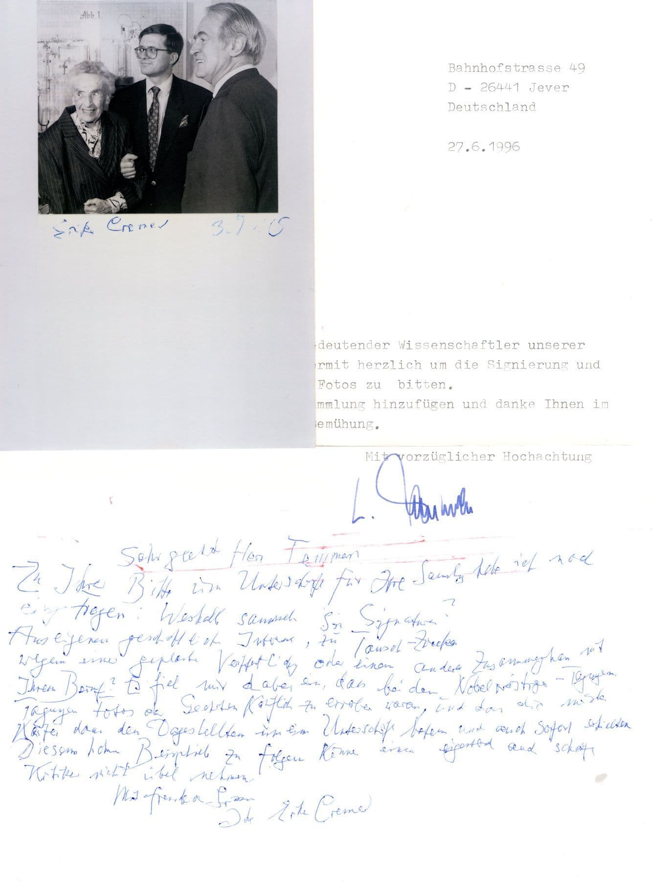 Erika Cremer WW2 German Gas Scientist Hand Signed Letter & Photo