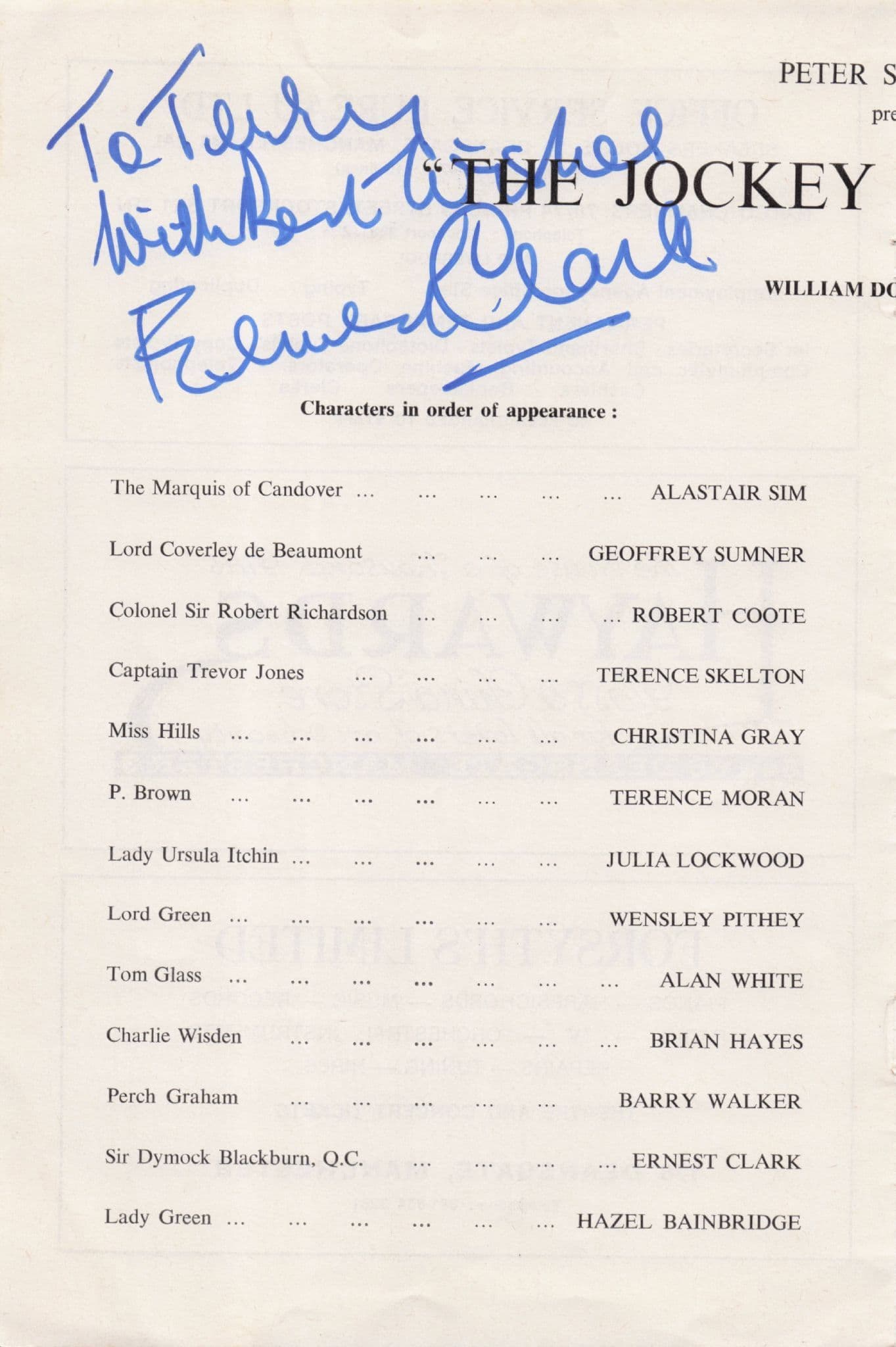Ernest Clark of Doctor In The House Hand Signed Theatre Page