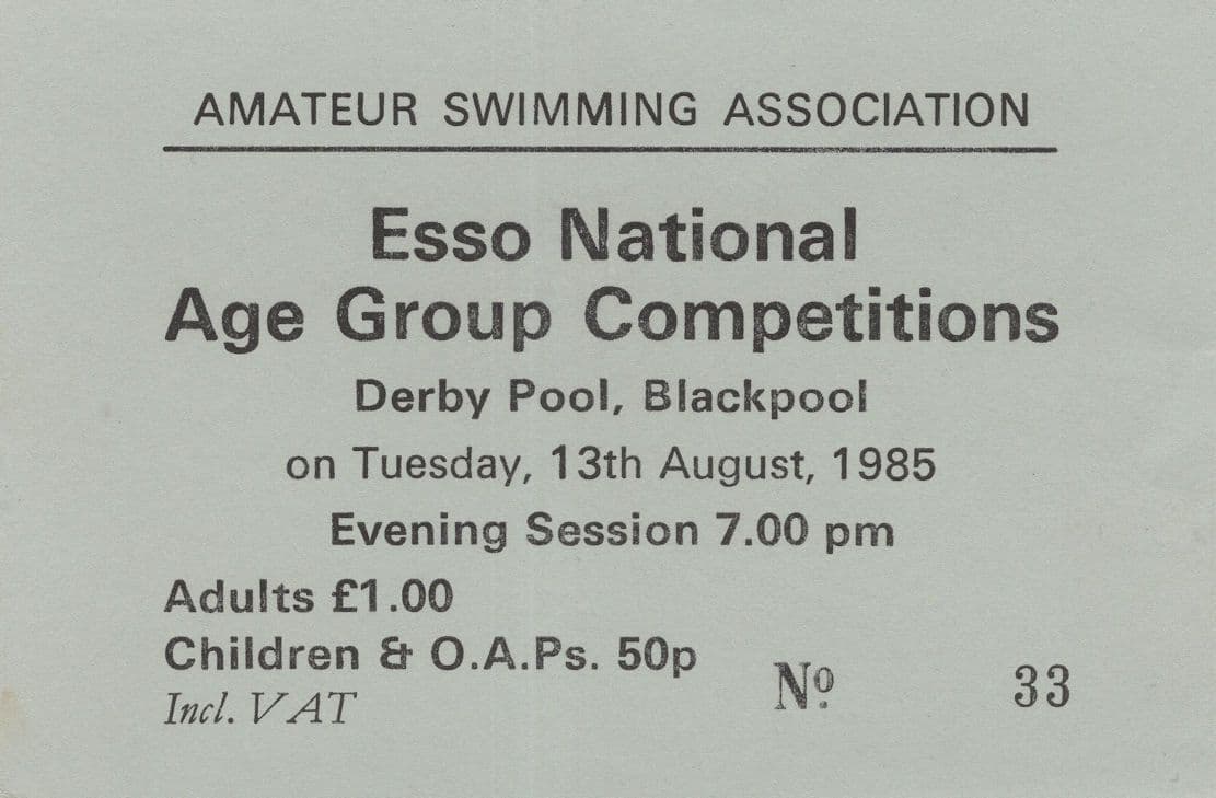 Esso Petrol Garage Swimming Championships Blackpool 1985 Ticket