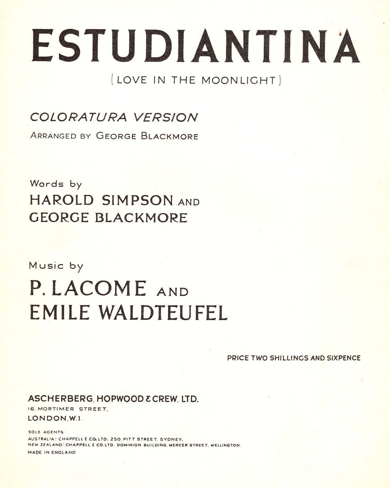 Estudiantina Love In The Moonlight P.Lacome Emile Waldteufel Olde Sheet Music