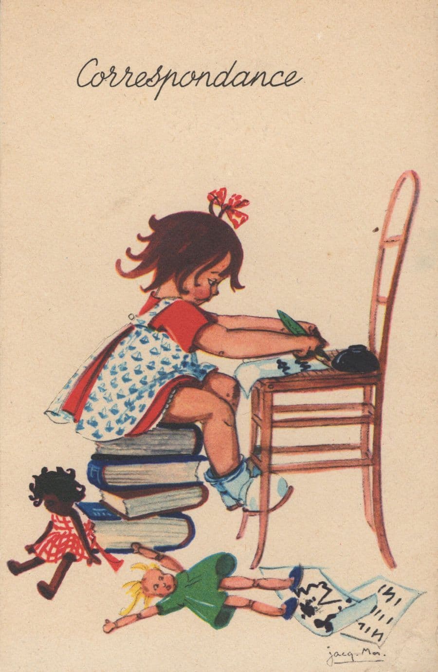 Ethnic Toy Dolls Thrown To The Floor Child Writing Letter Old Postcard