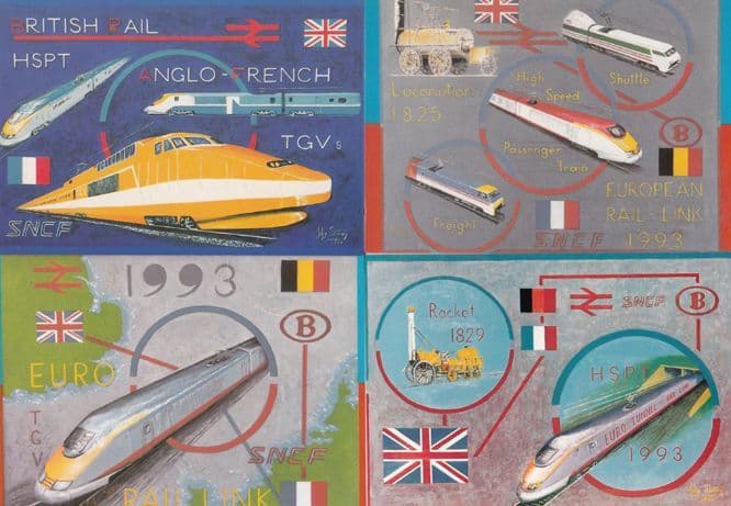 Euro Channel Tunnel Painting 4x Drawing Transportation Postcard s
