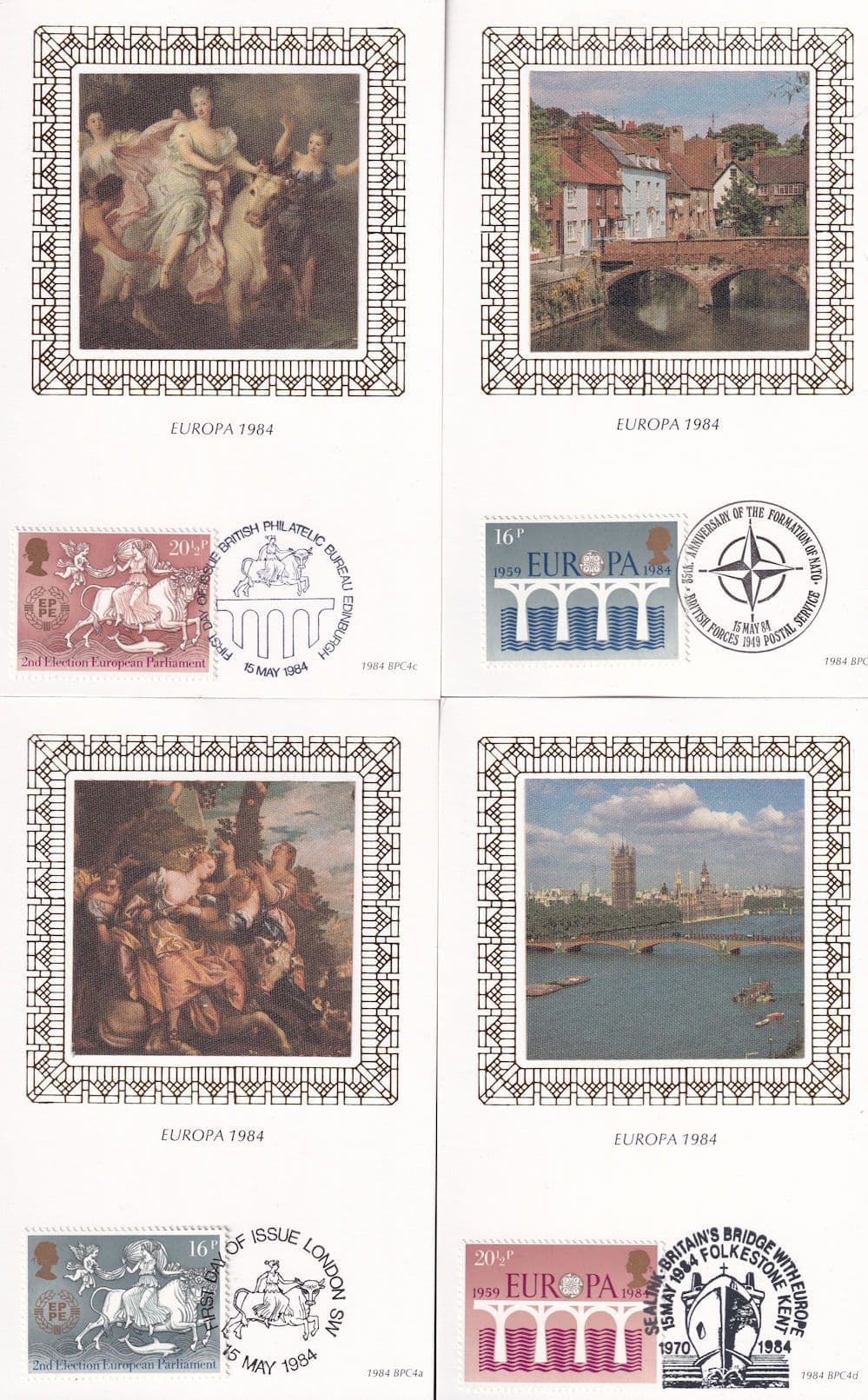 Europa 1984 4x Benham Postcard Silk Set Of Card s