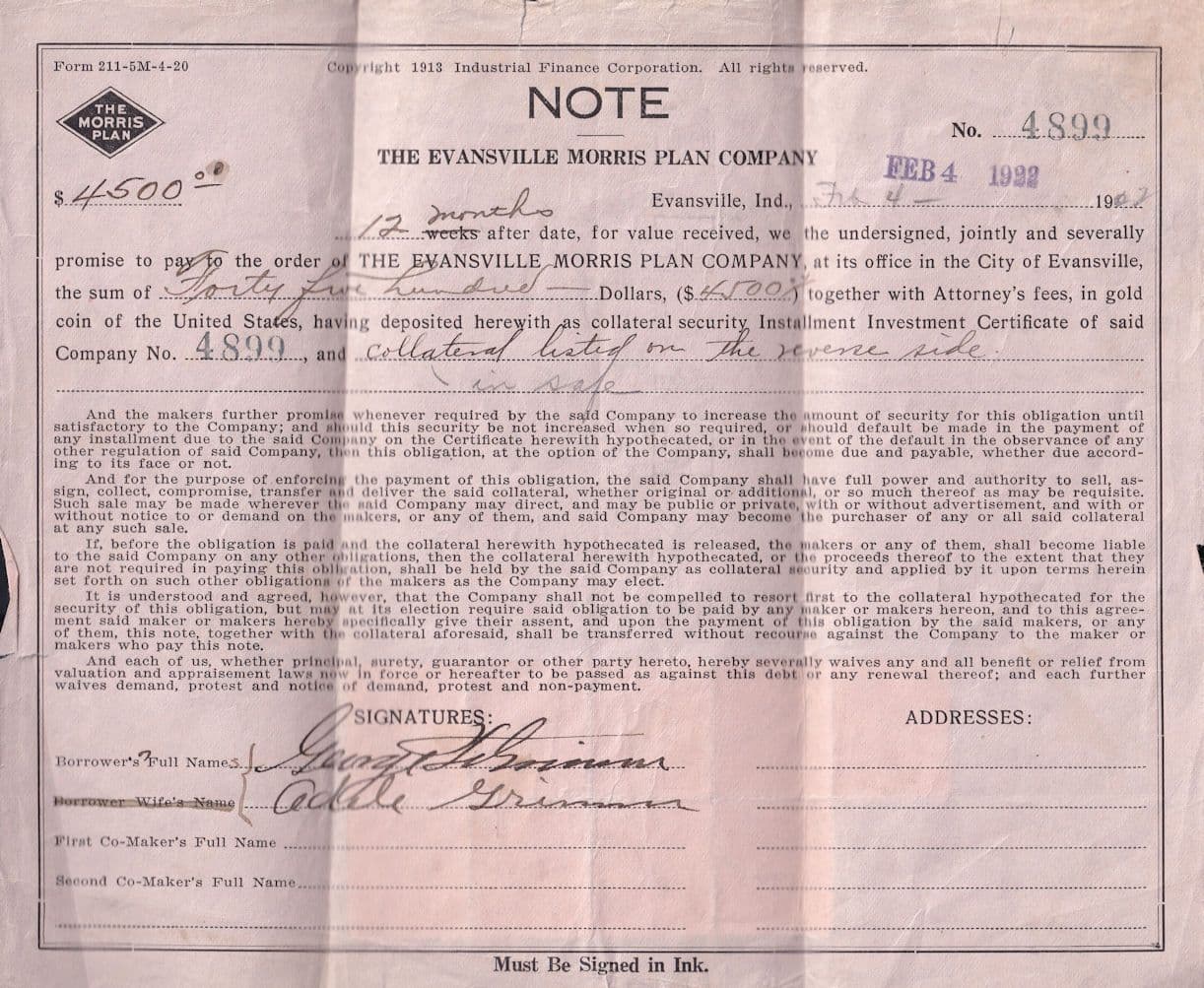 Evansville Morris Plan Company USA 1922 Old Loan Letter
