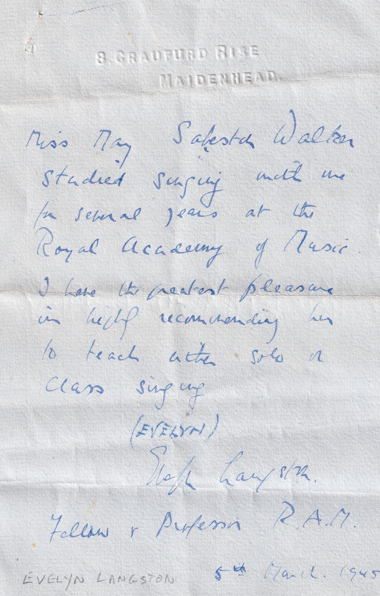 Evelyn Langston Dorothy Bond Soprano Royal School Of Music WW2 Hand Signed Letter