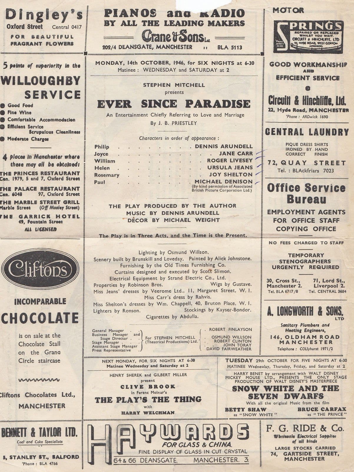 Ever Since Paradise JB Priestley Antique Manchester Theatre Programme