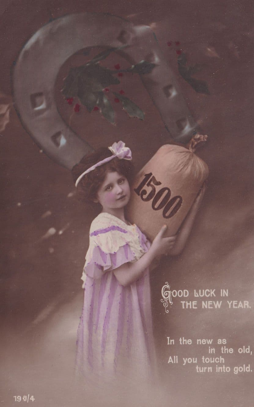 Everything Turns To Gold Bag Of Money Old New Year Postcard