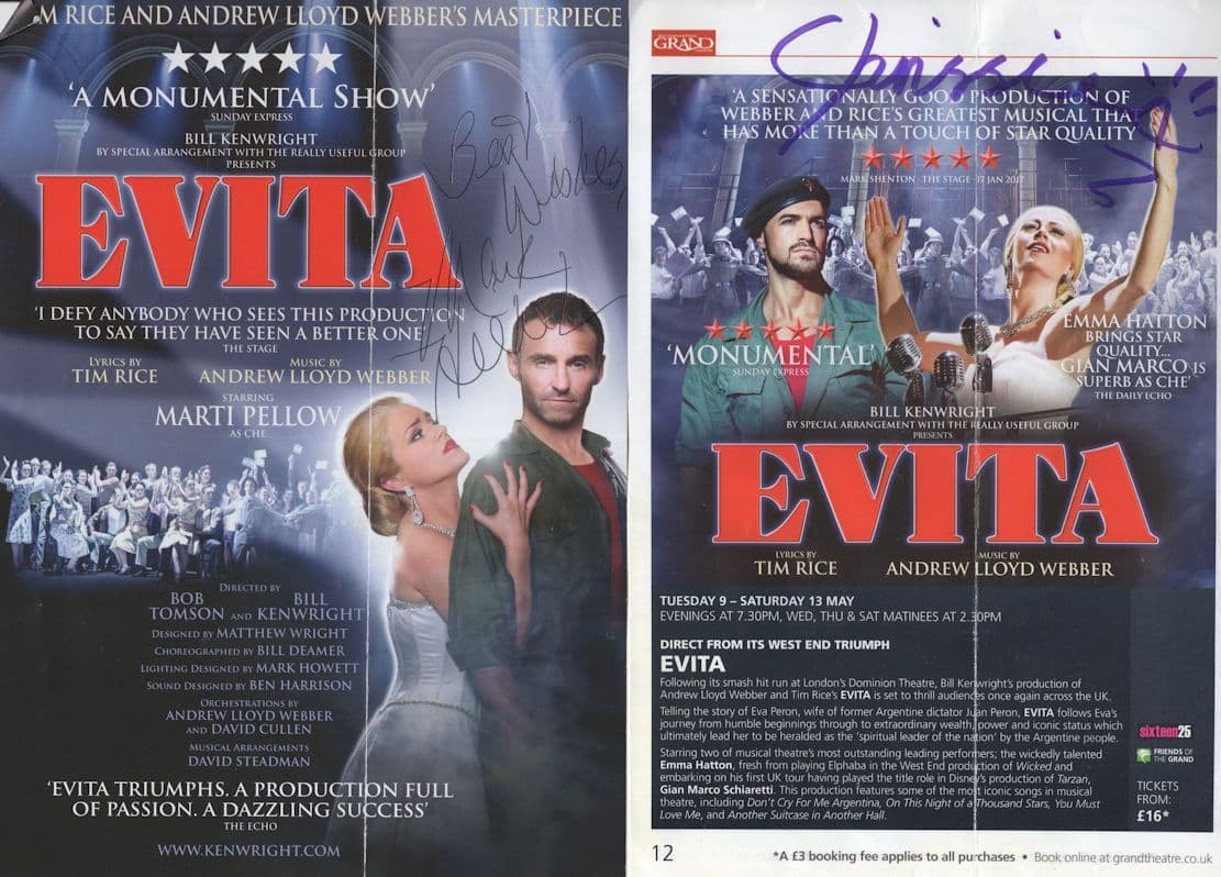 Evita Musical 2x Worn Hand Signed Theatre Flyers