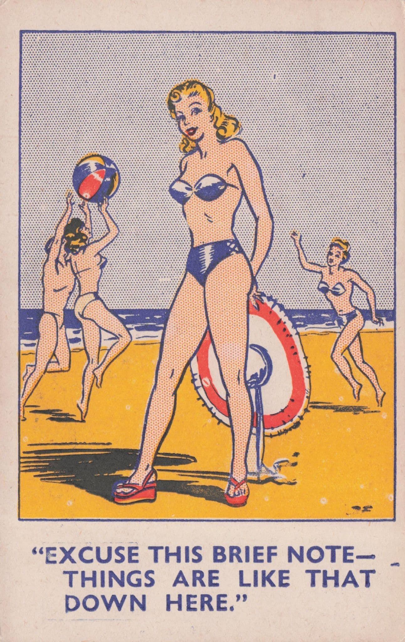 Excuse The Brief Note Sexy Beach Lady Vintage Comic Postcard