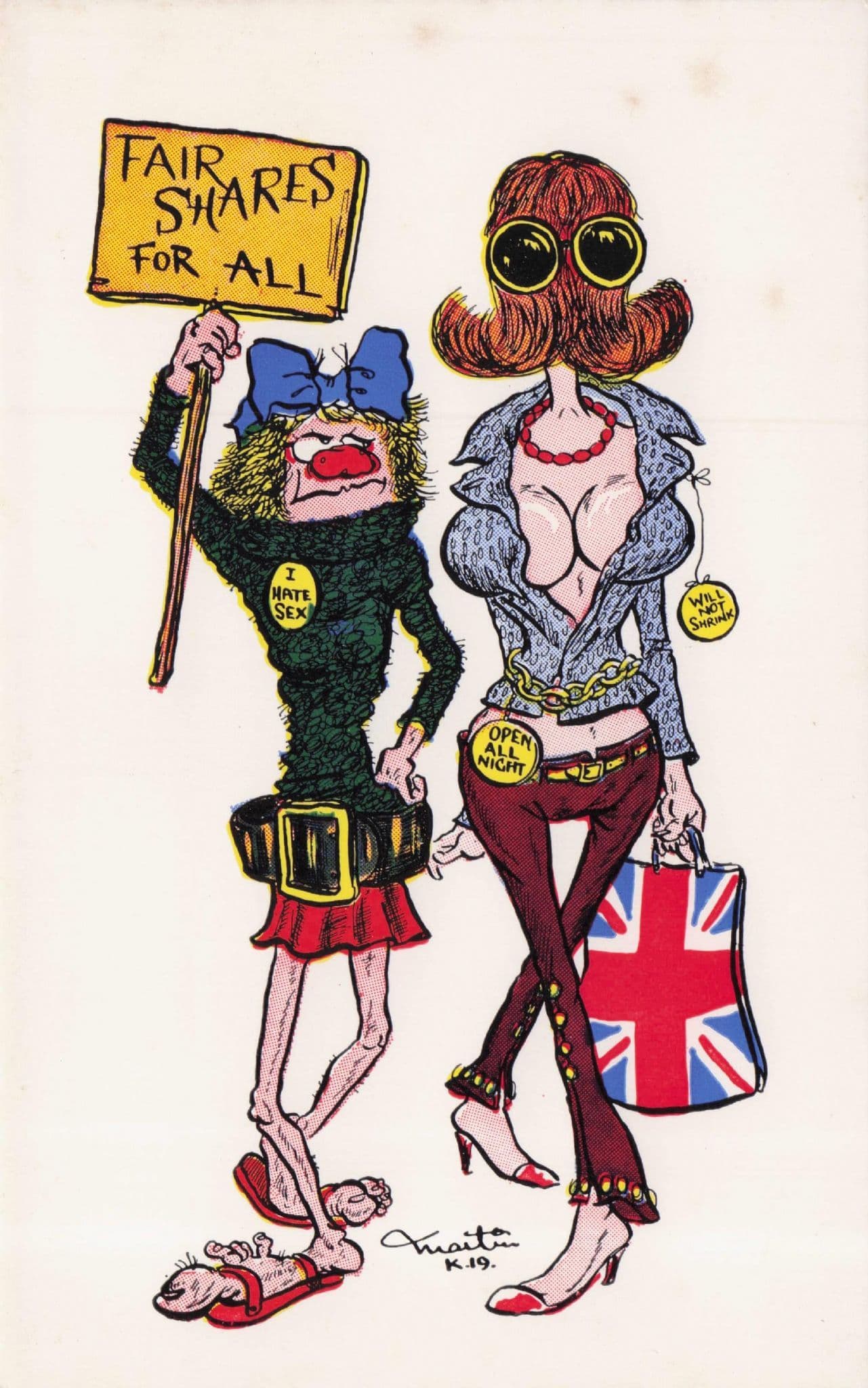 Fair Shares For All 1970s Hippy Protesters Union Jack Comic Postcard