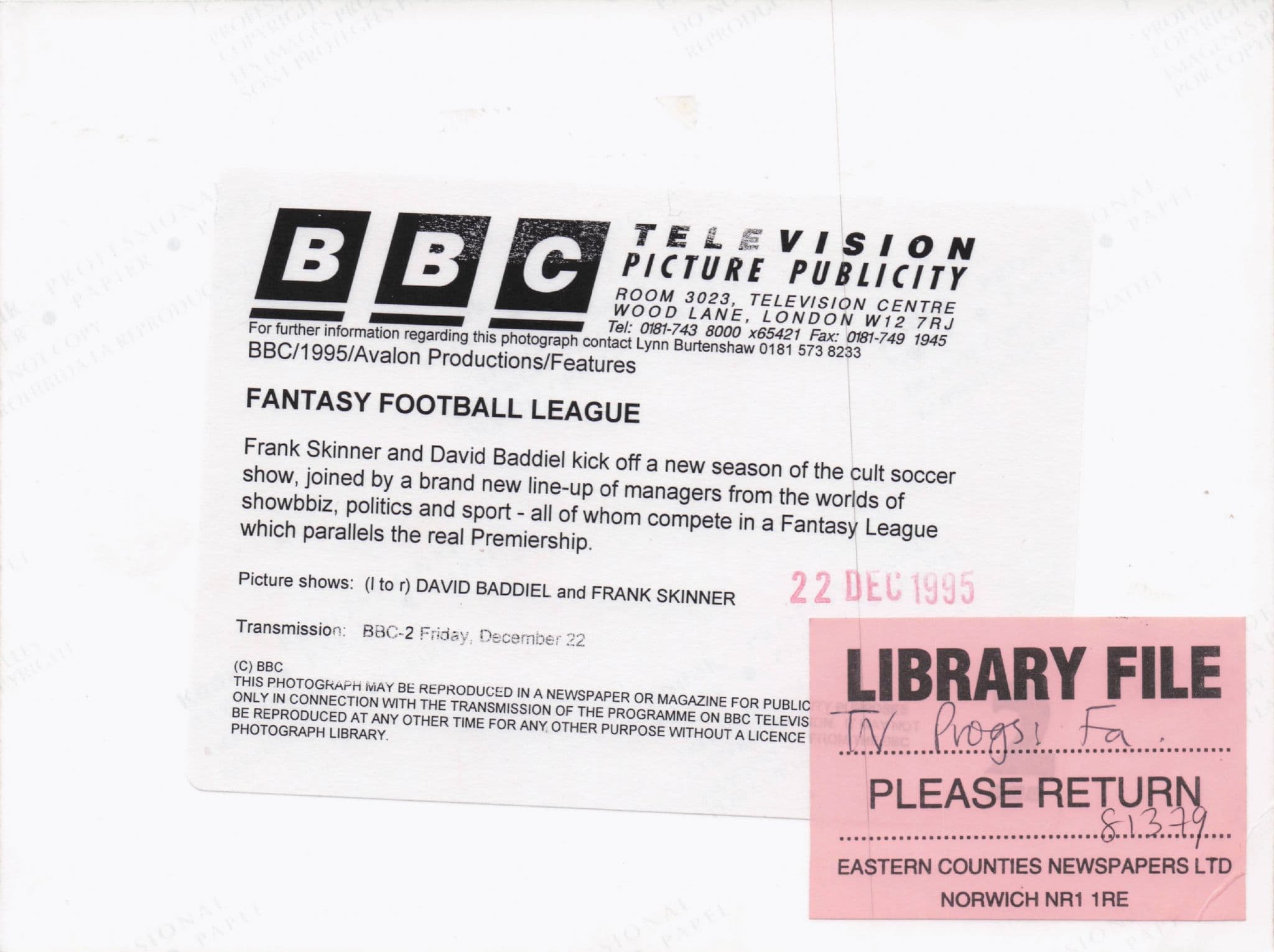 Fantasy Football League Frank Skinner TV Show BBC Press Photo