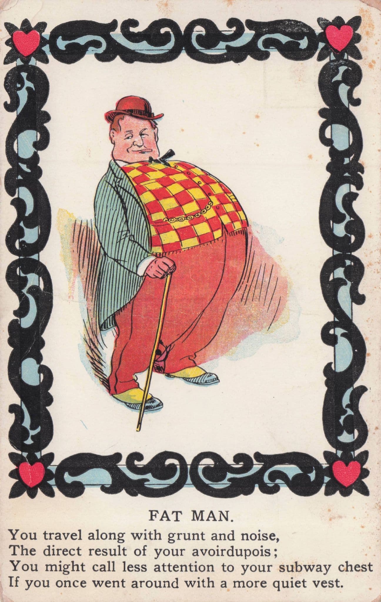 Fat American Man Subway Transport Travel Antique Comic Postcard
