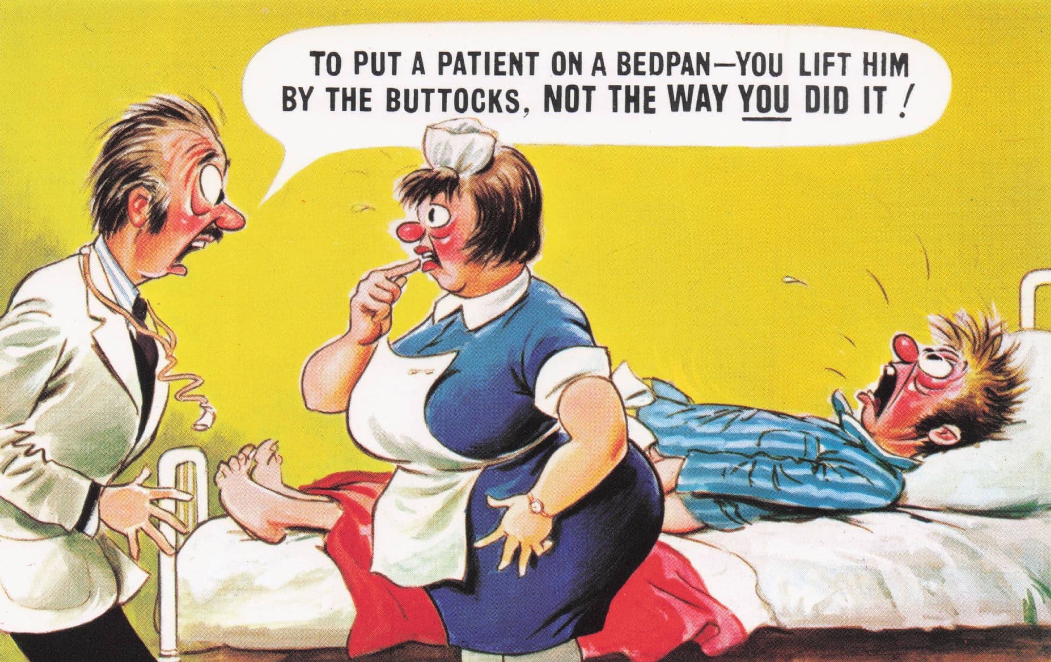 Fat Hospital Nurse Must Lift Mans Buttocks Patient 1970s Comic Postcard