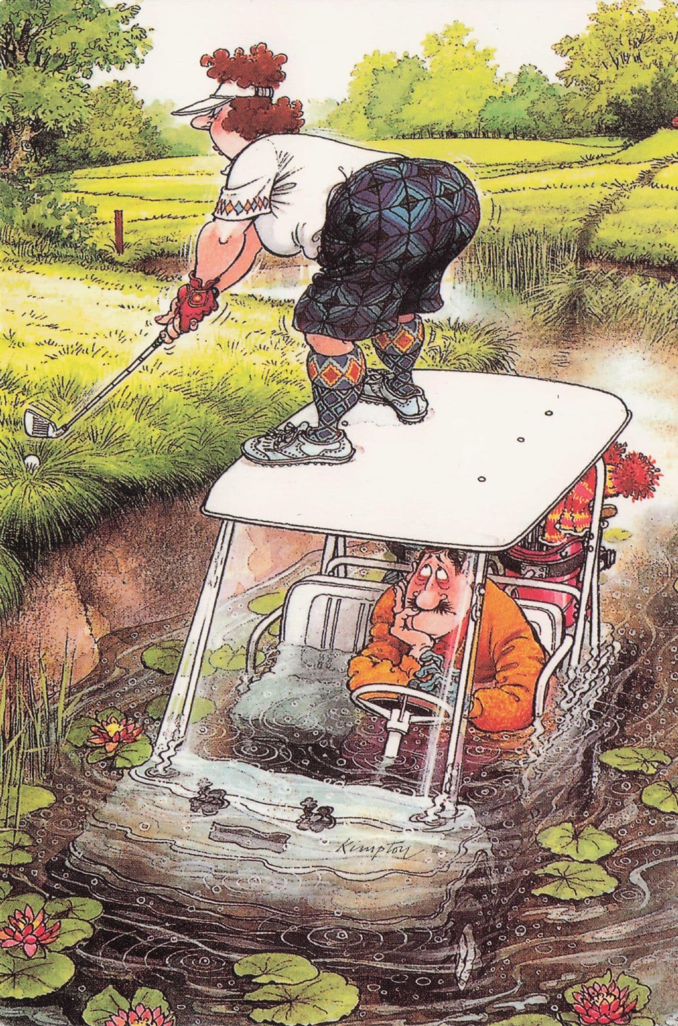 Fat Lady Golfer Driving Range Standing On Van Golfing Comic Postcard