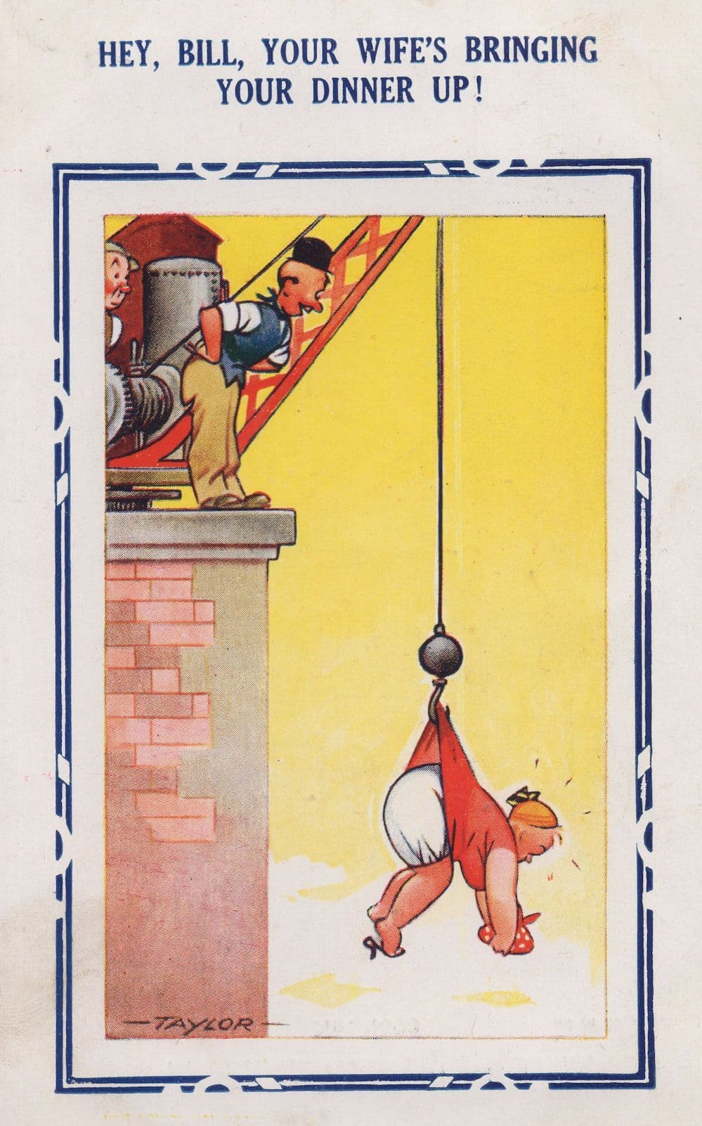 Fat Lady Sick Vomiting Vertigo Workers Crane Old Comic Postcard