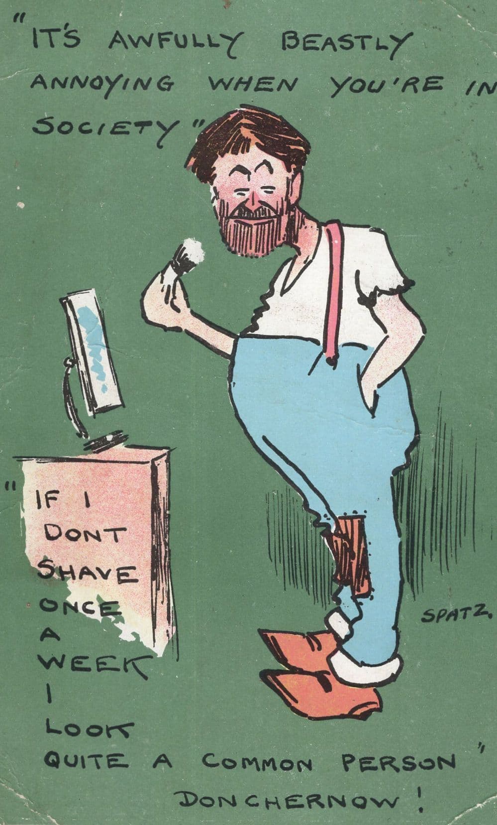 Fat Man Shaving Razor Cream Spatz Old Comic Postcard
