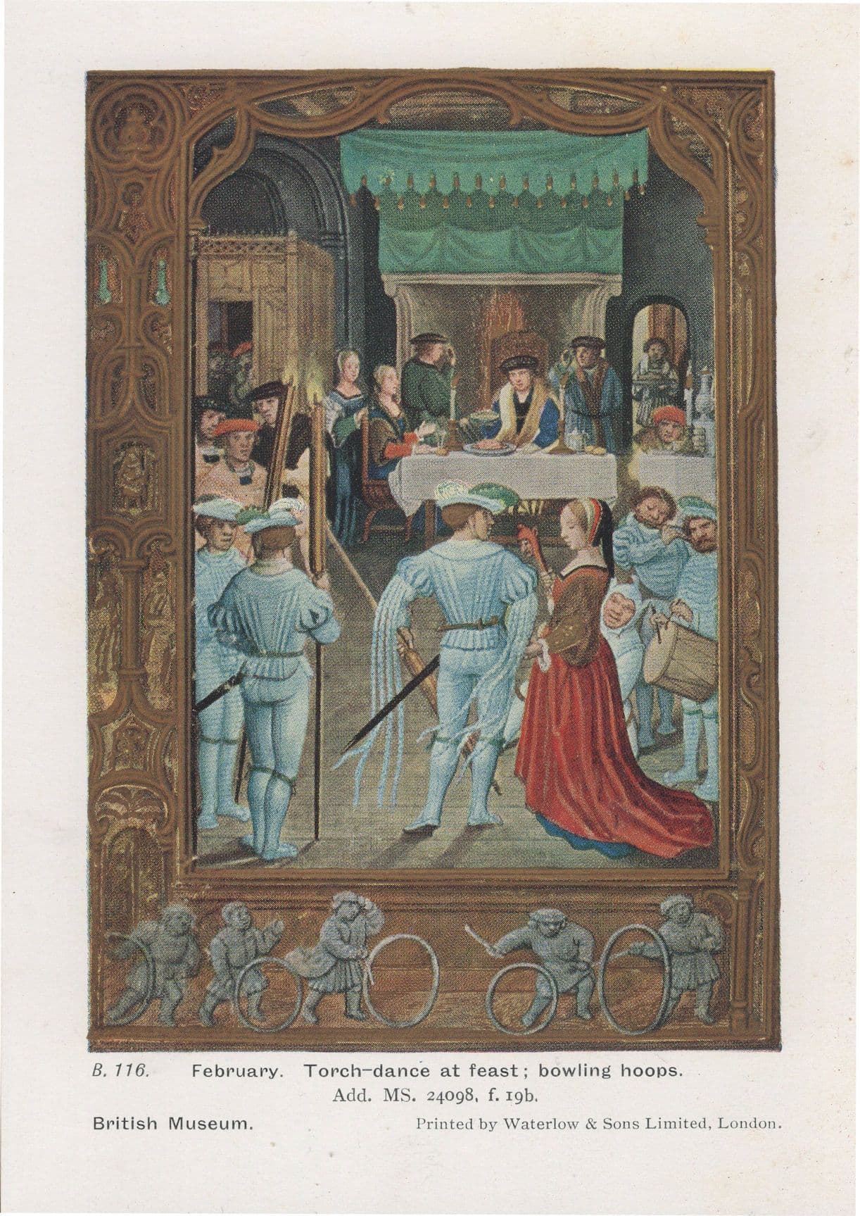February Bowling Hoops Torch Dance Old Middle Ages PB Calendar Postcard