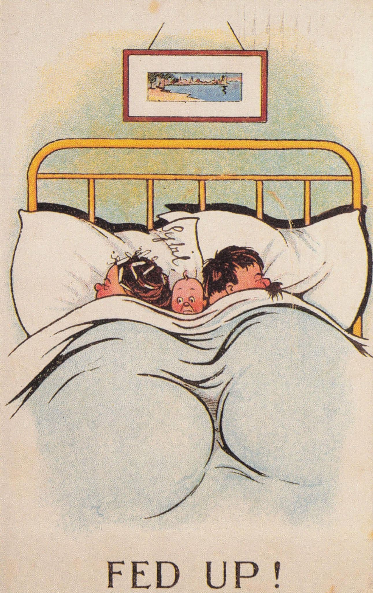 Fed Up Child In Bed Fat Parents WW1 Reproduction Comic Potcard