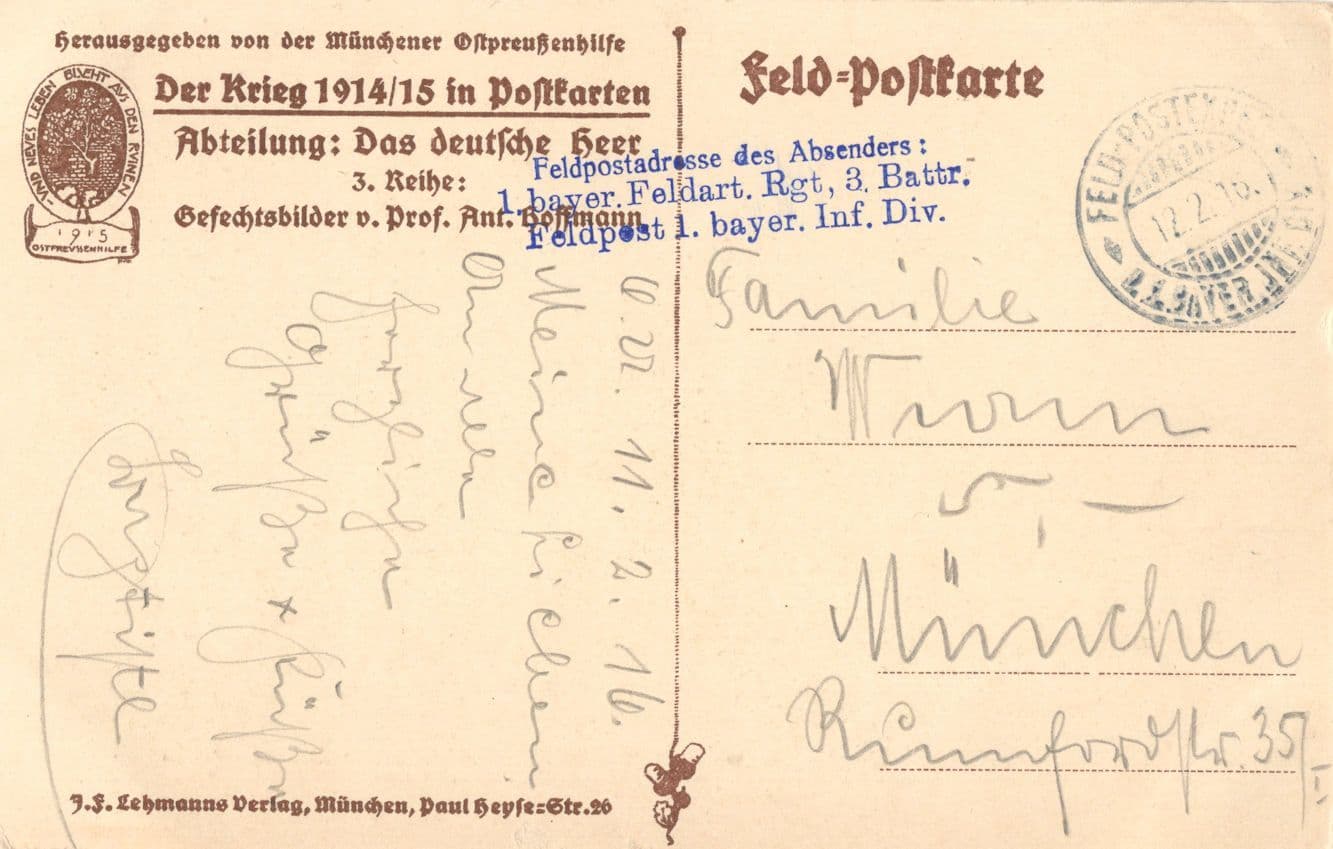 Feldartillerie German WW1 Hoffman Painting Sent By Soldier Bayer Postcard