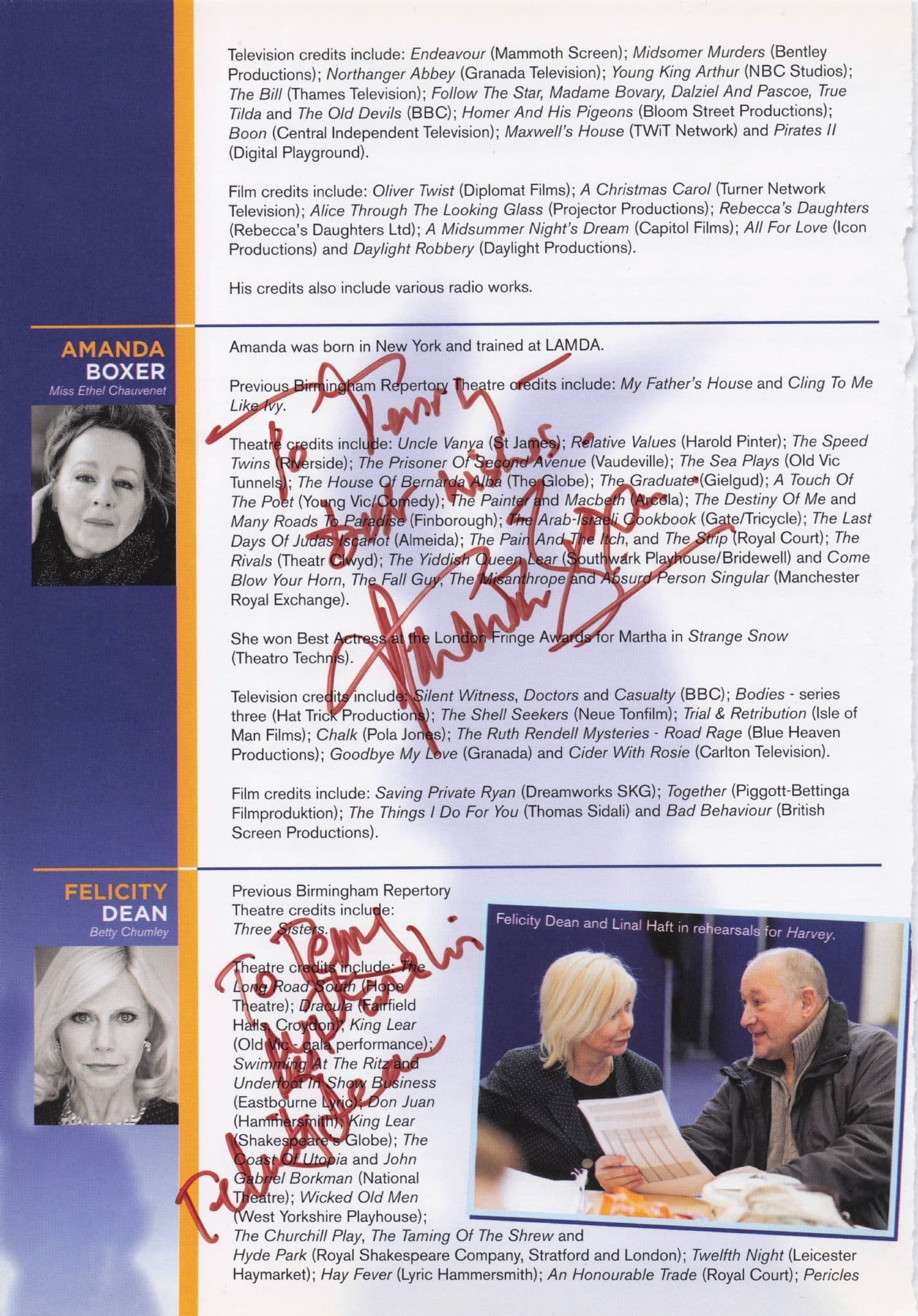 Felicity Dean Amanda Boxer David Bamber Harvey 4x Hand Signed Theatre Page