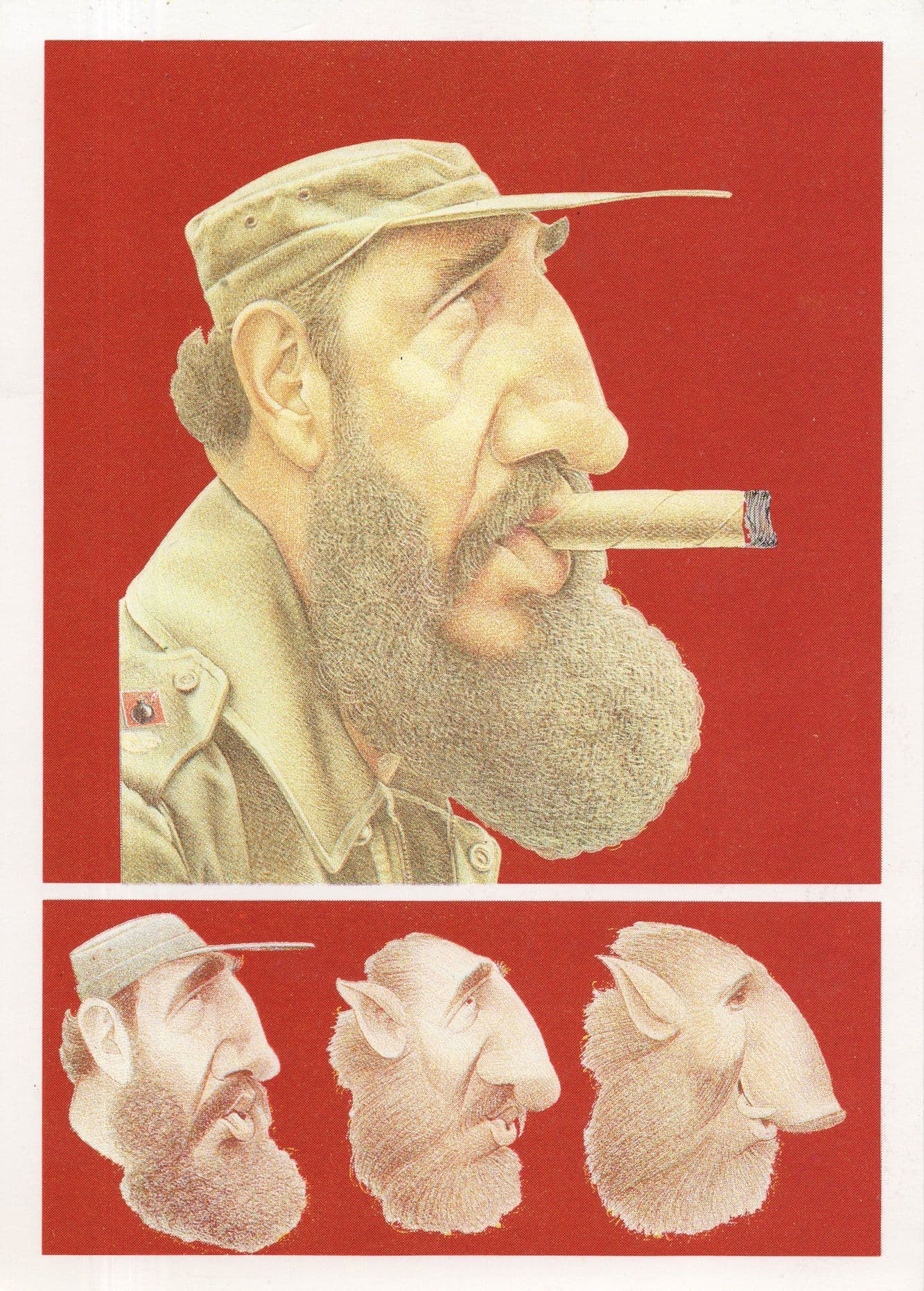 Fidel Castro Cuba Military Leader as Hog Animal Painting Postcard