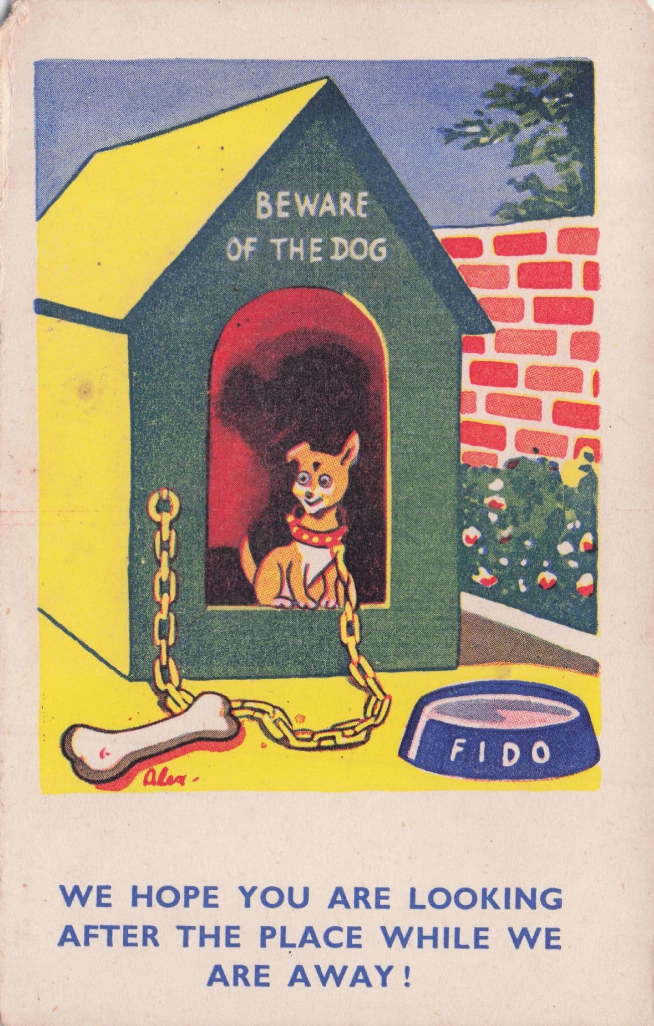 Fido Kennel Beware Of The Dog Bone On Chain Antique Comic Postcard