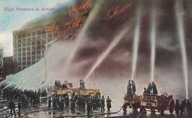 Fire Brigade High Pressure Skyscraper Fire in Action 2x Antique Postcard s