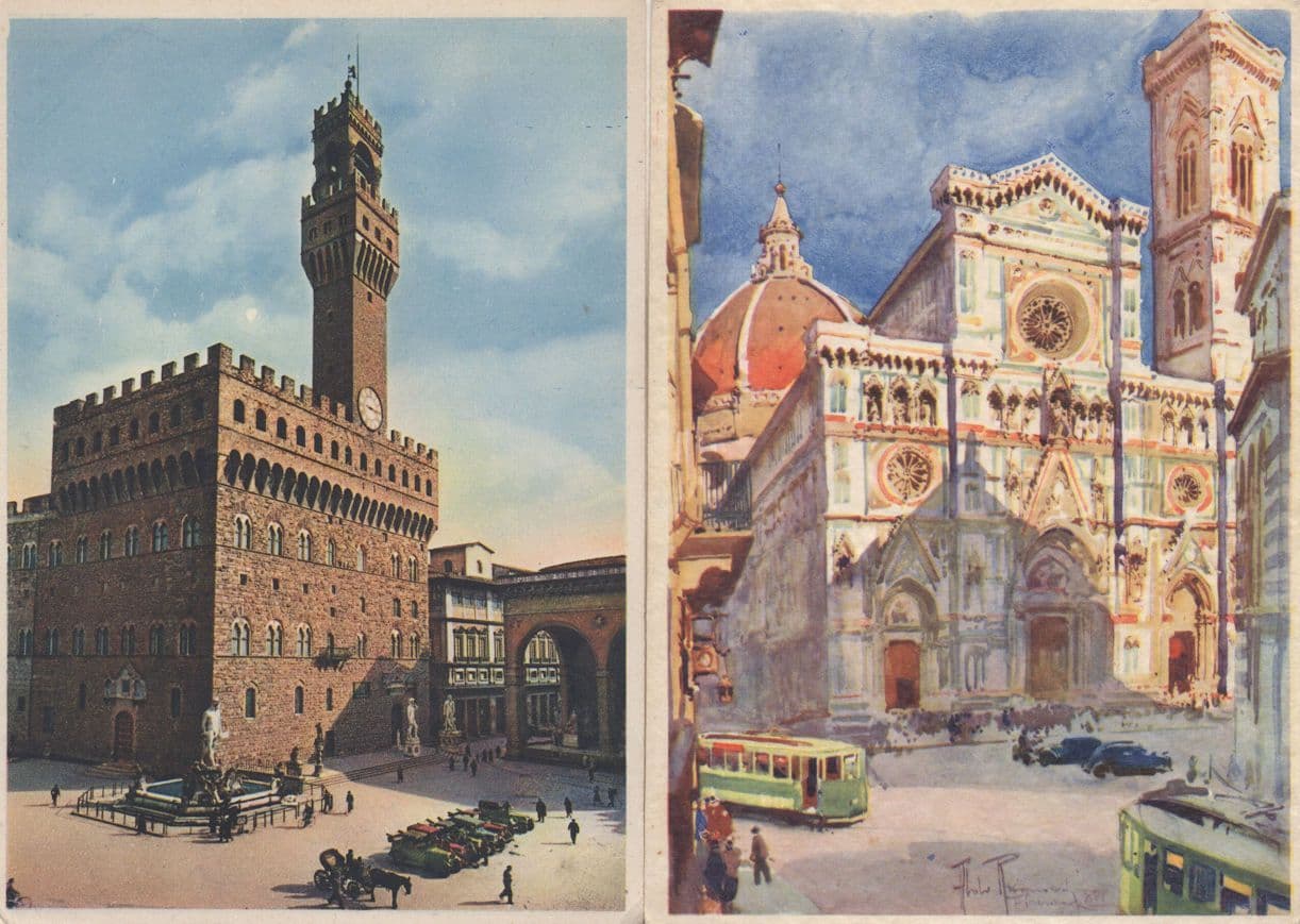 Firenze Italy Bus Coach Classic Cars Old Painting 2x Postcard
