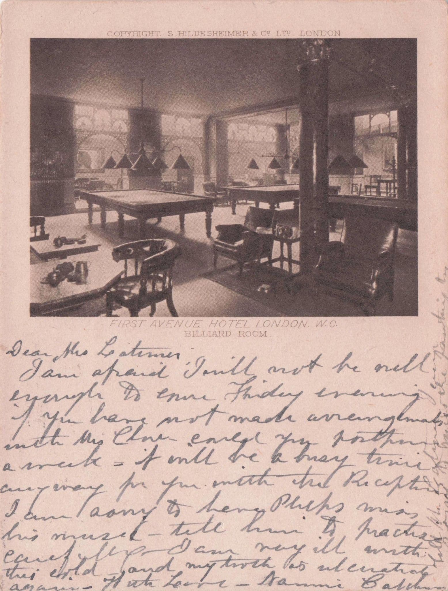 First Avenue Hotel London WC Billiard Room Antique Postcard