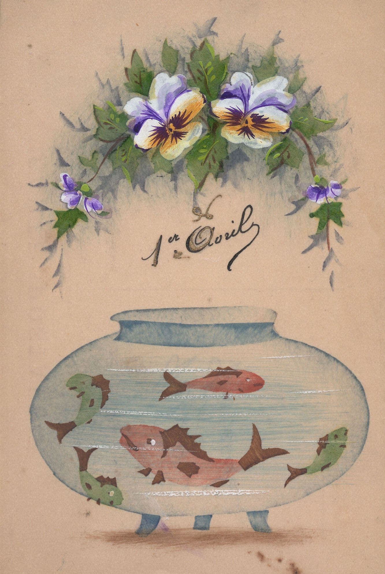 Fish Feeding Time But Its Flowers April Fools Day Old Comic Postcard