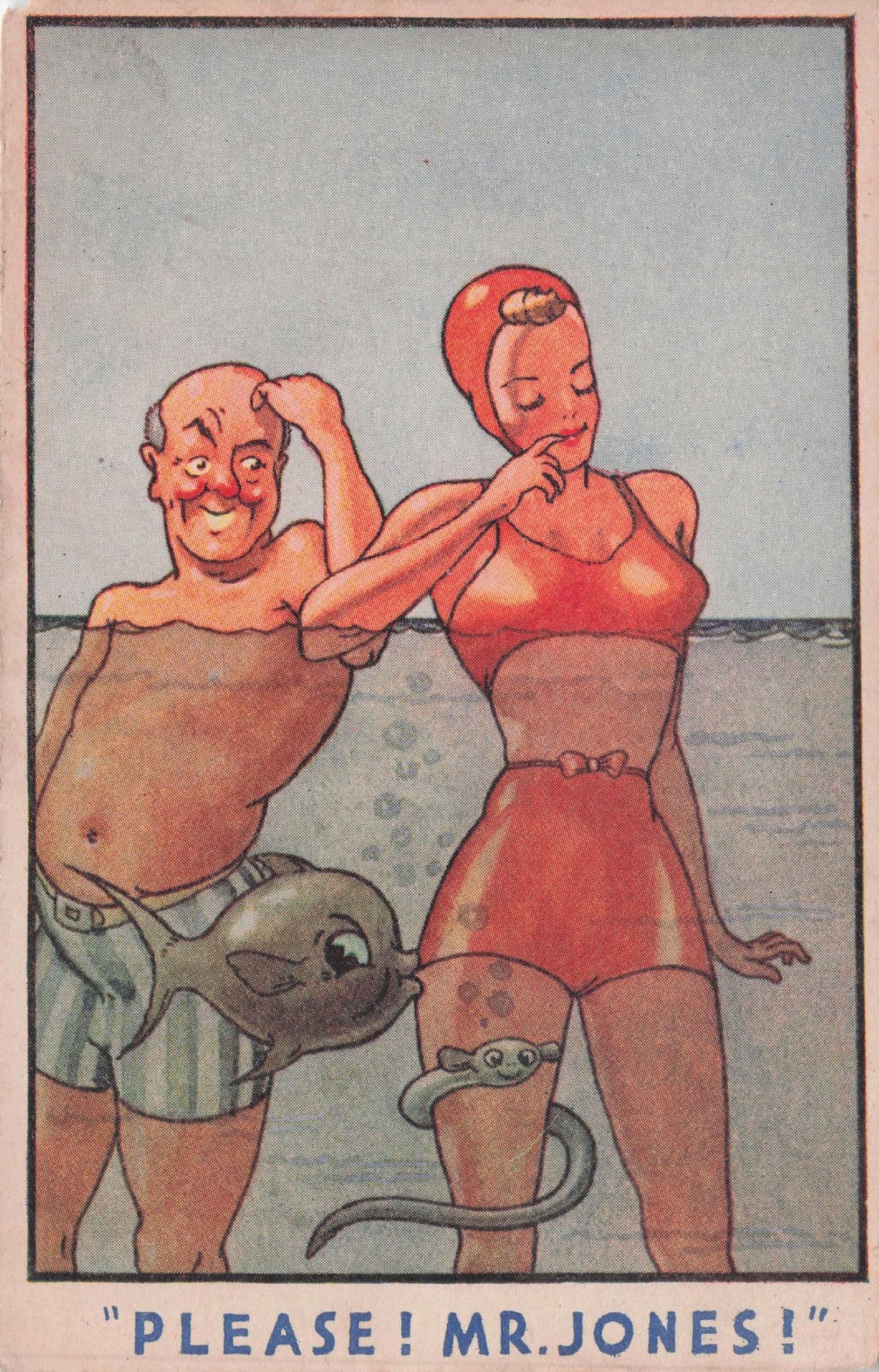 Fish Kissing Lady Sexy Legs Swimming Antique RA Comic Postcard