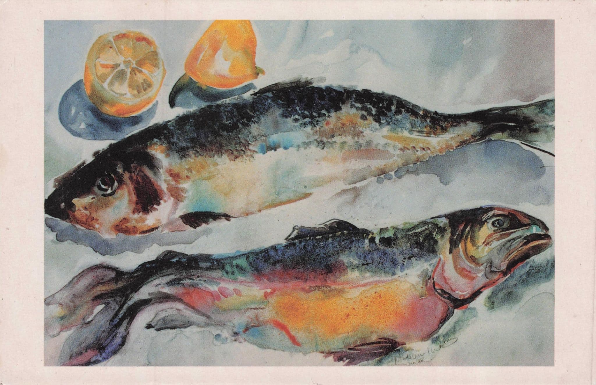 Fish & Lemons Madeleine Whitney London Watercolour Painting Postcard