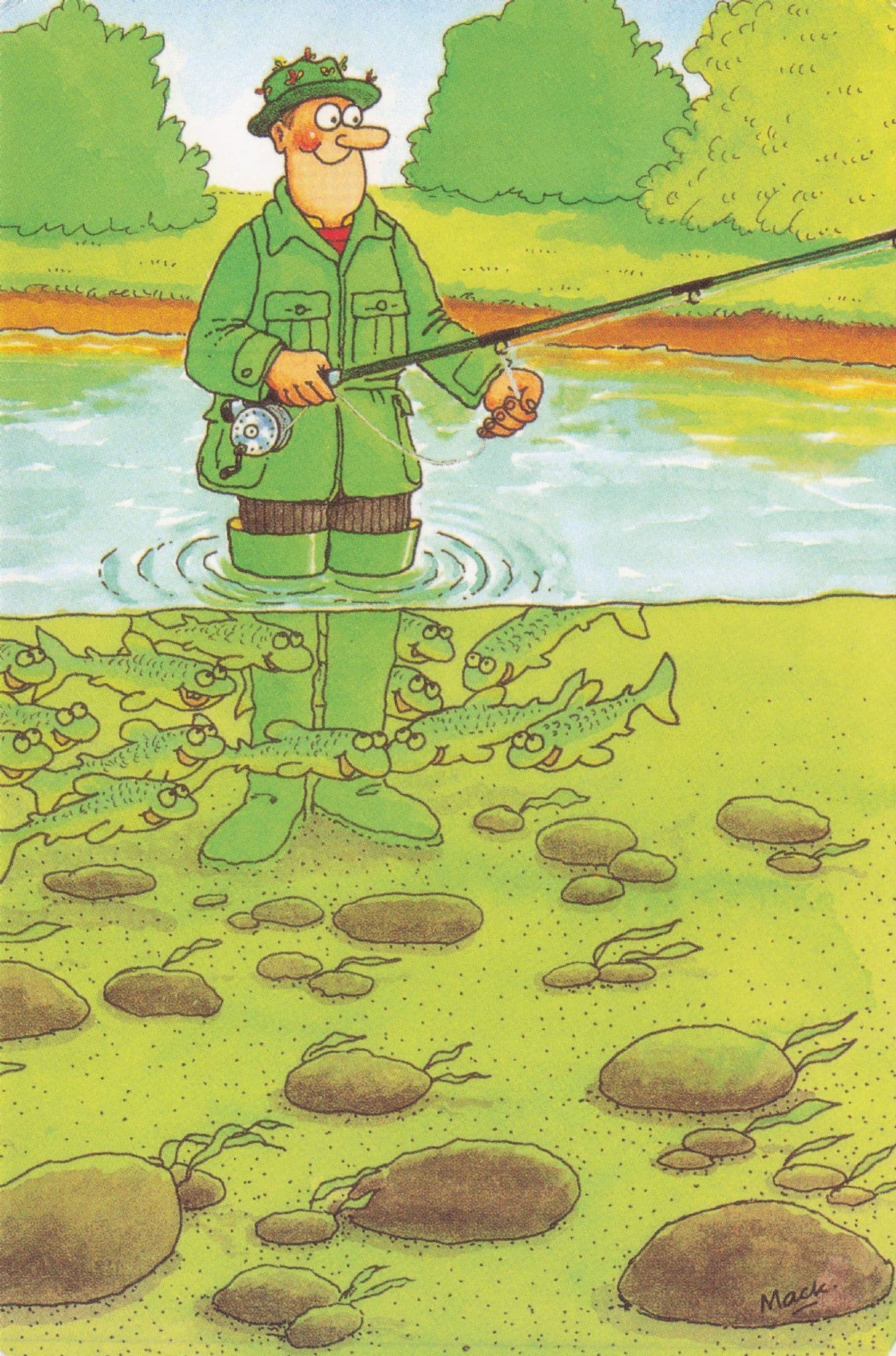 Fisherman In Green Safari Outfit Attracting Lady Fish Comic Postcard