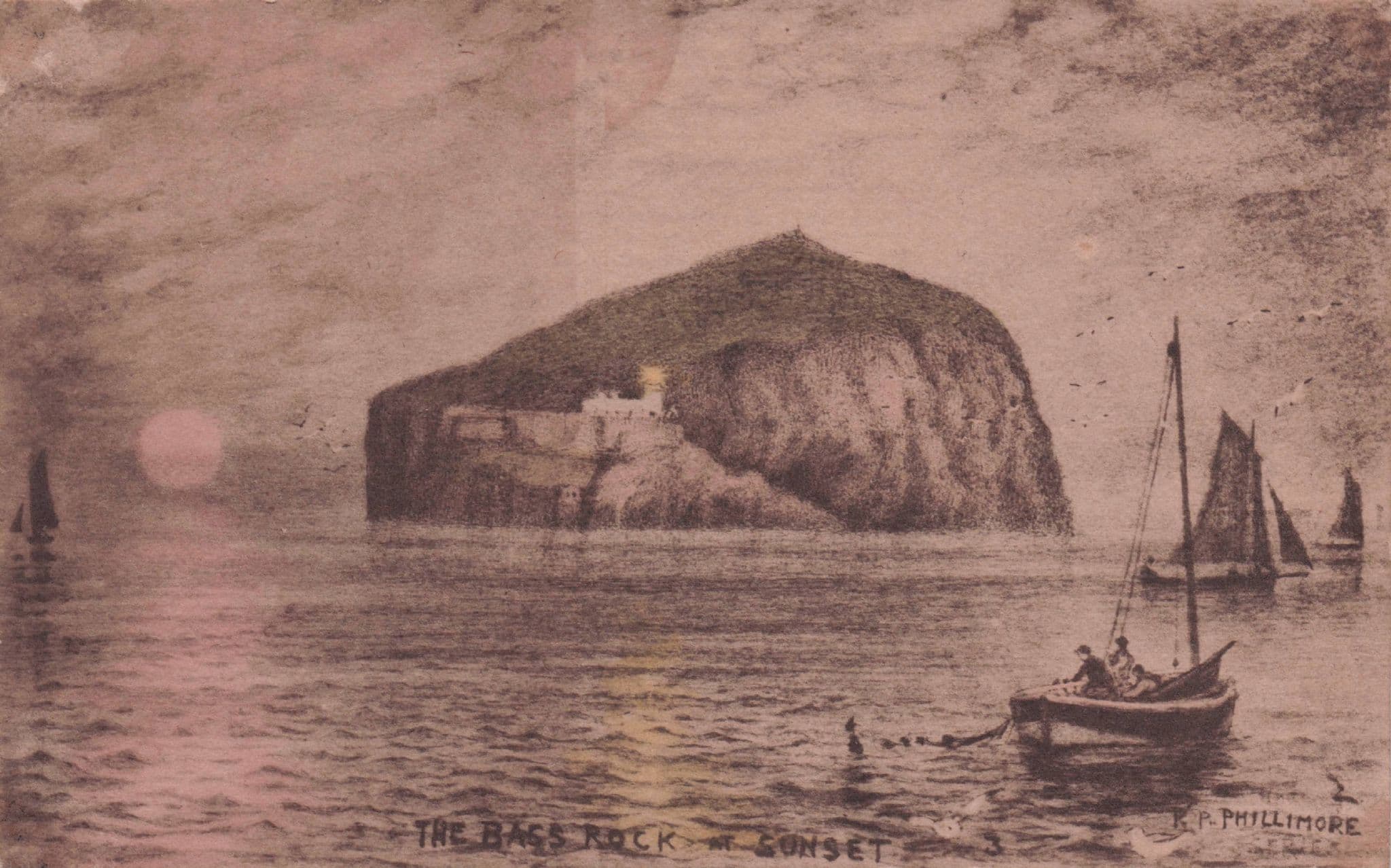 Fishing Boat by Bass Rock Sunset Sea Alternative Phillimore Old Postcard