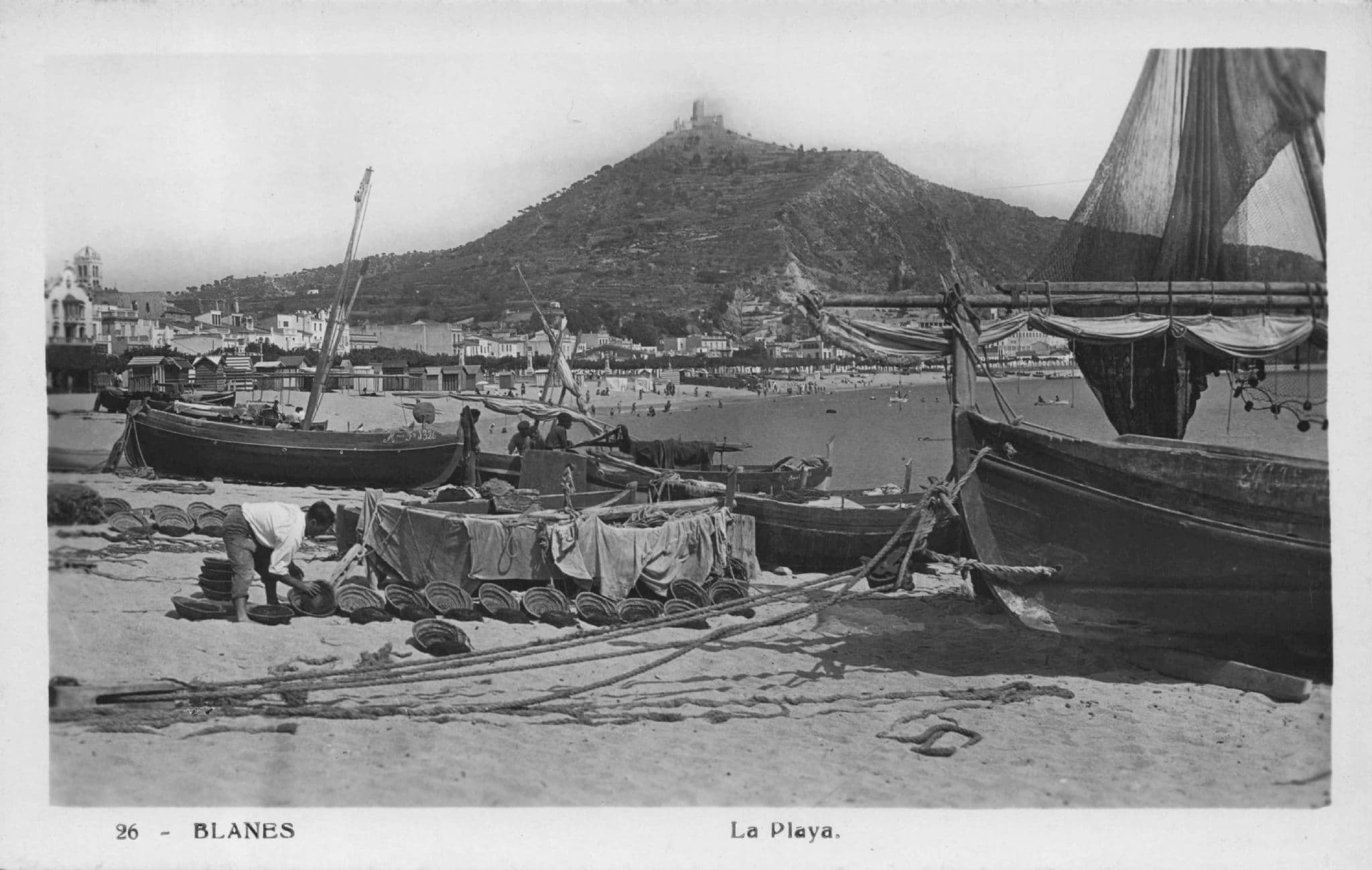 Fishing Boats at Planes Barcelona Spain Old Real Photo Postcard