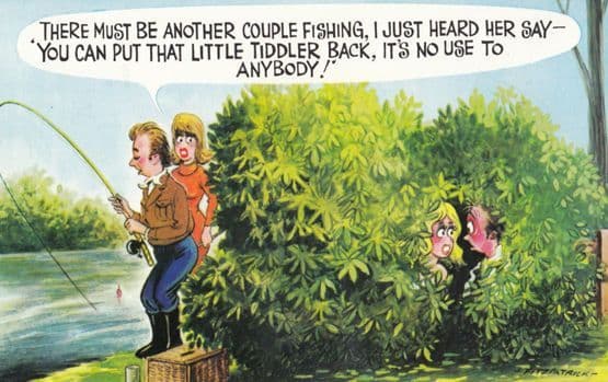 Fishing For A Ride Tiddler Fisherman Couple In Bush 1970s Comic Humour Postcard