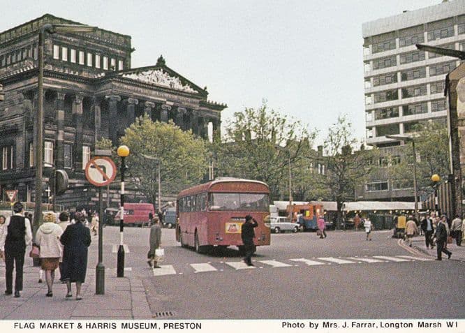Flag Market Harris Market Traffic Preston Lancashire Vintage Postcard