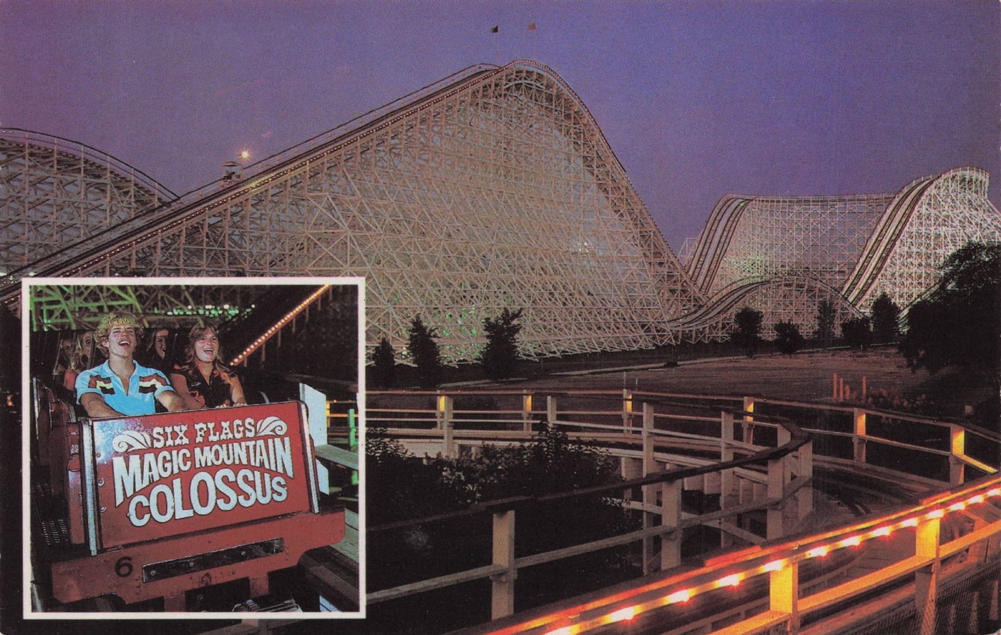 Flags Magic Mountain American Rollercoaster At Night Postcard