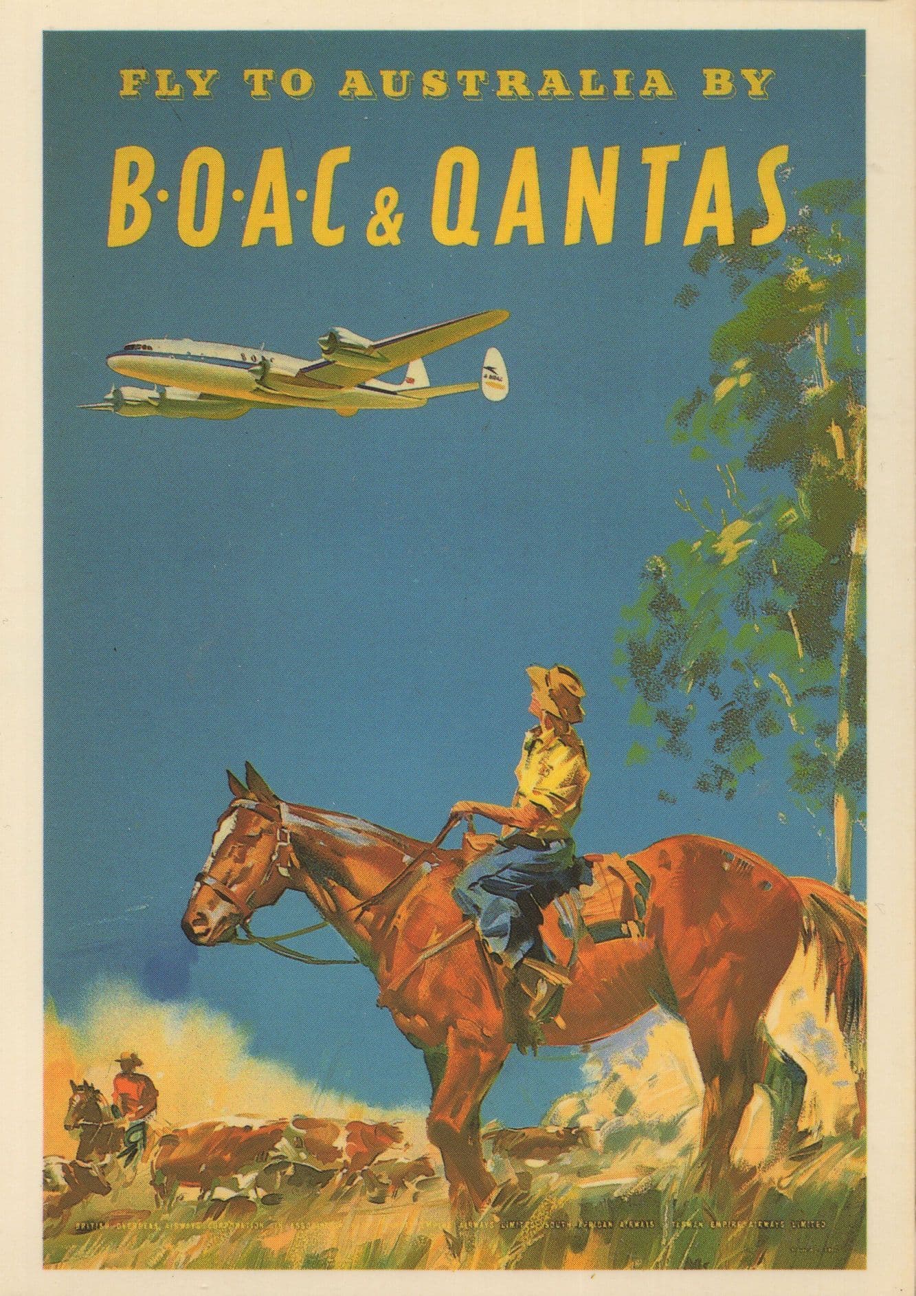 Fly To Australia By BOAC & Qantas Plane Airlines Advertising Postcard