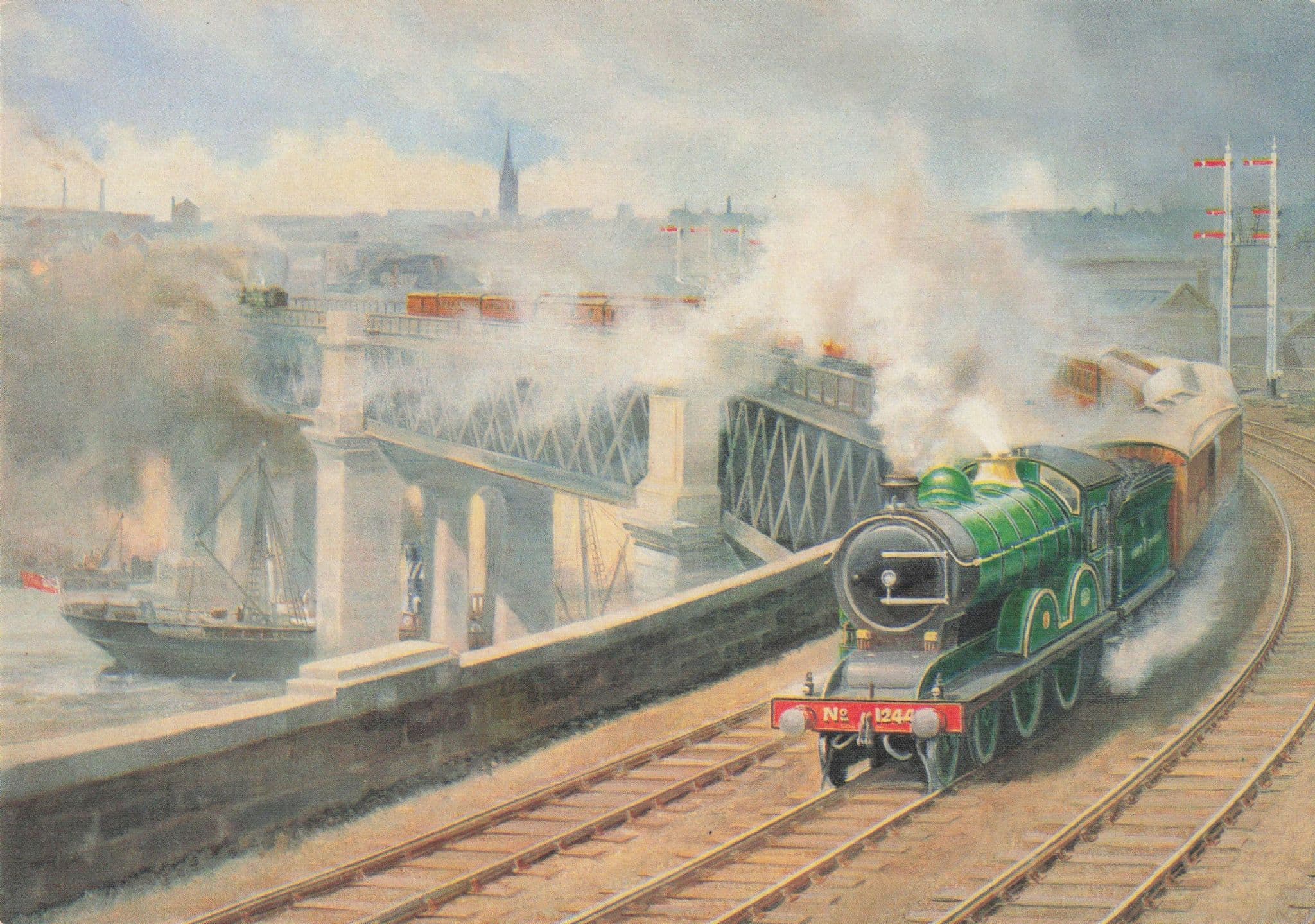 Flying Scotsman at Newcastle Docks Train Painting Transport Postcard