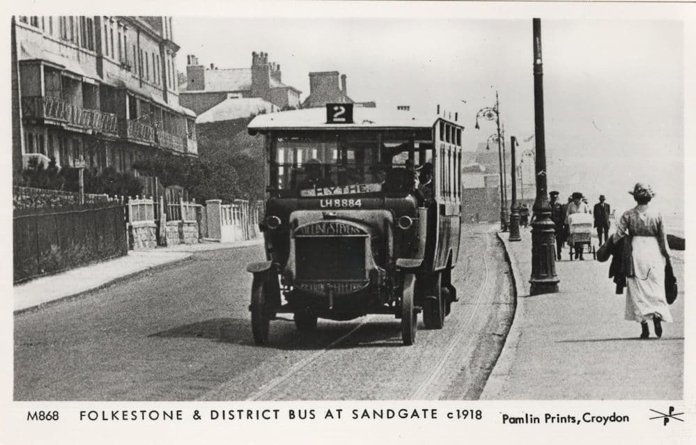 Folkestone & District Bus at Sandgate WW1 Kent RPC Postcard